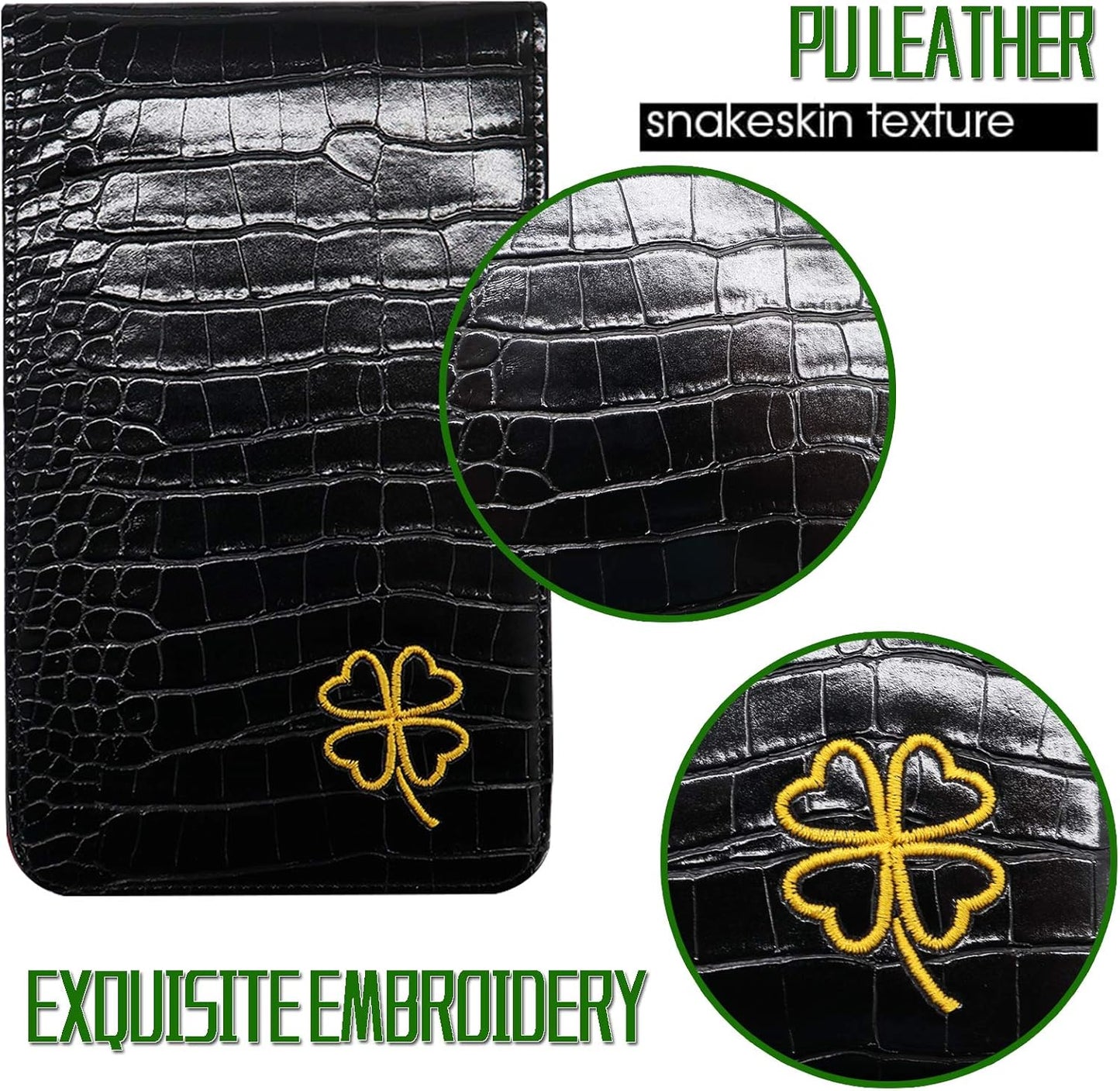 FINGER TEN Golf Scorecard Holder Leather Yardage Books Cover Lucky Clover with 2 Free Pencil Value Pack Deluxe Pocket Score Card Covers Gift for Men Women Golfer