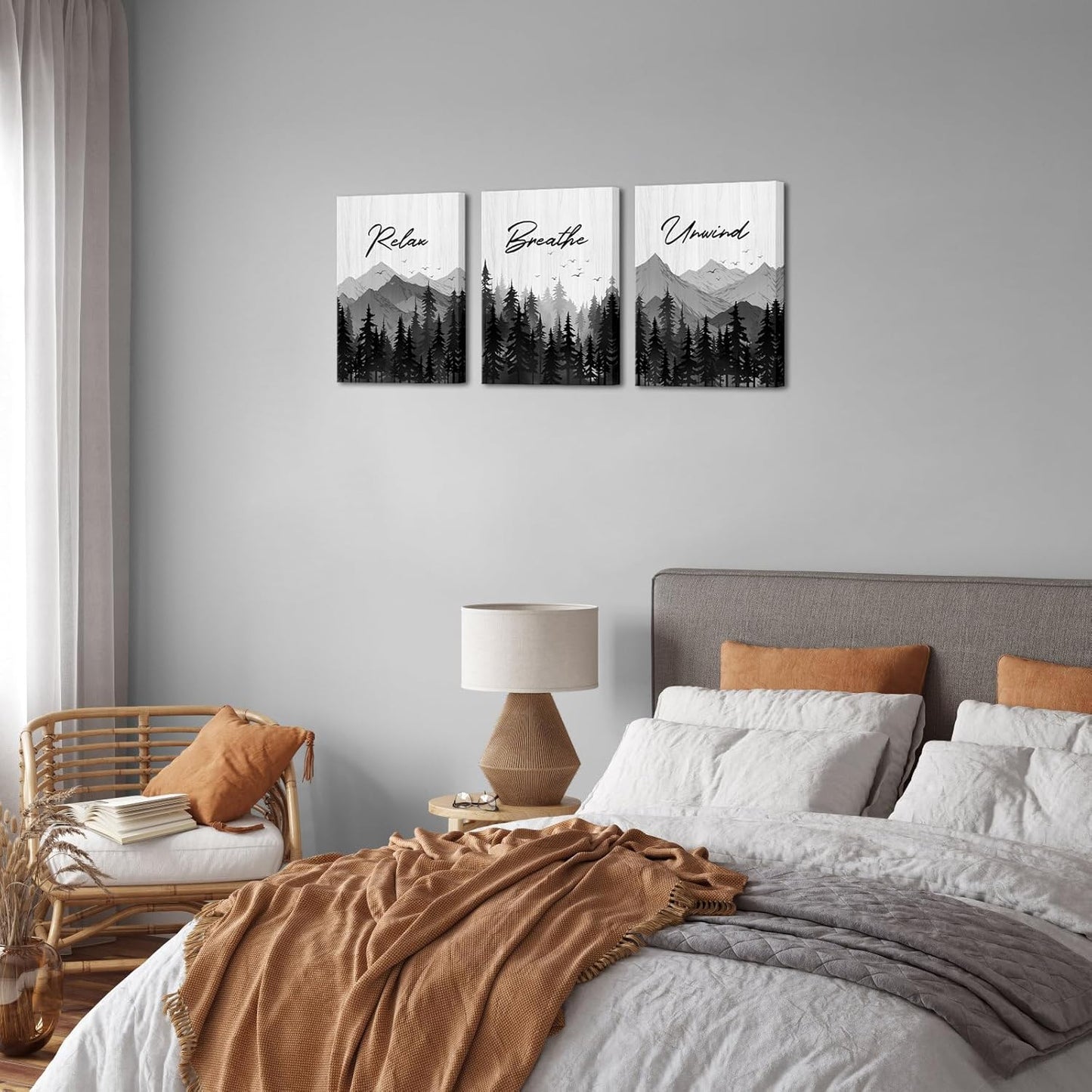Saypeacher Bathroom Wall Decor Black and White Wall Art Mountain Print Breathe Relax Signs for Bedroom 12x16inchx3pcs