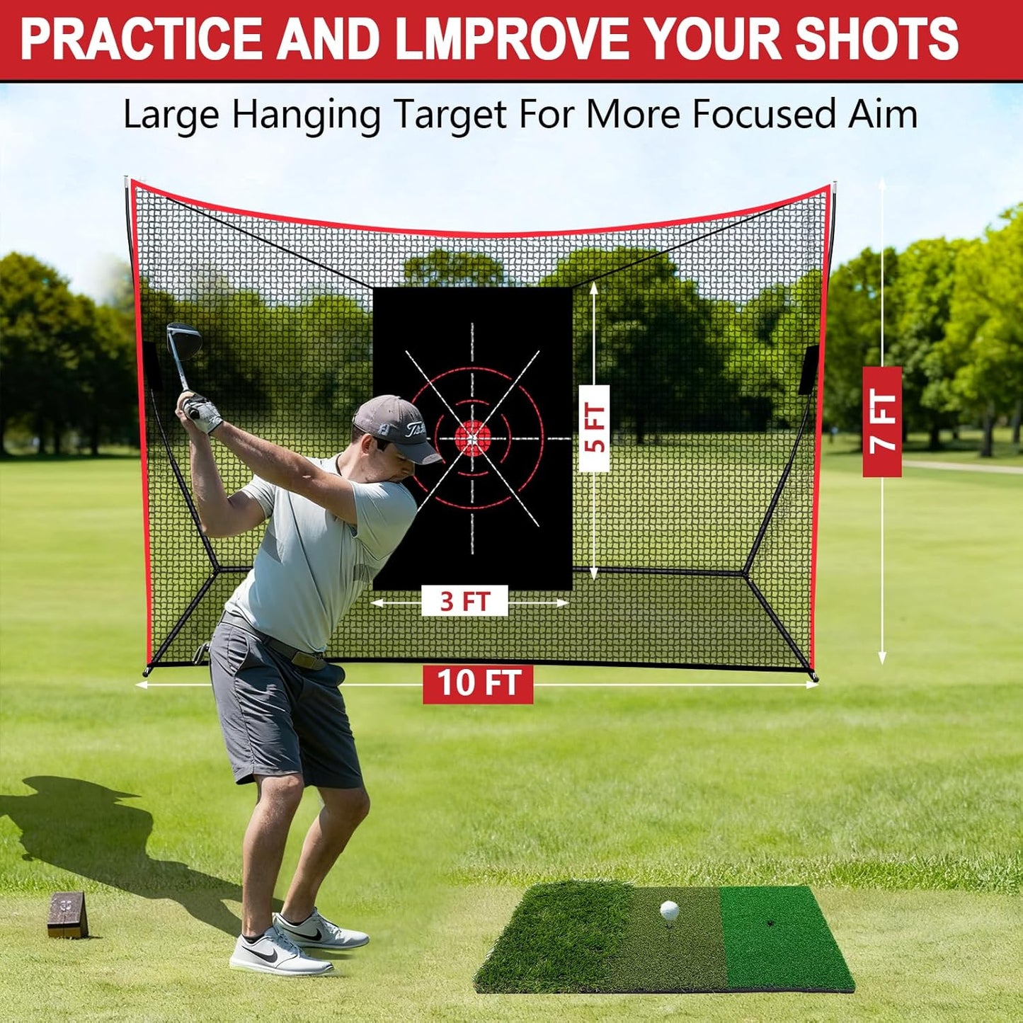 Golf Practice Net 10x7FT, Heavy Duty Golf Hitting Net with Target Net, Indoor Outdoor Training for Backyard Driving & Garage, Complete Set with Golf Balls & Tees, Turf, Carry Bag