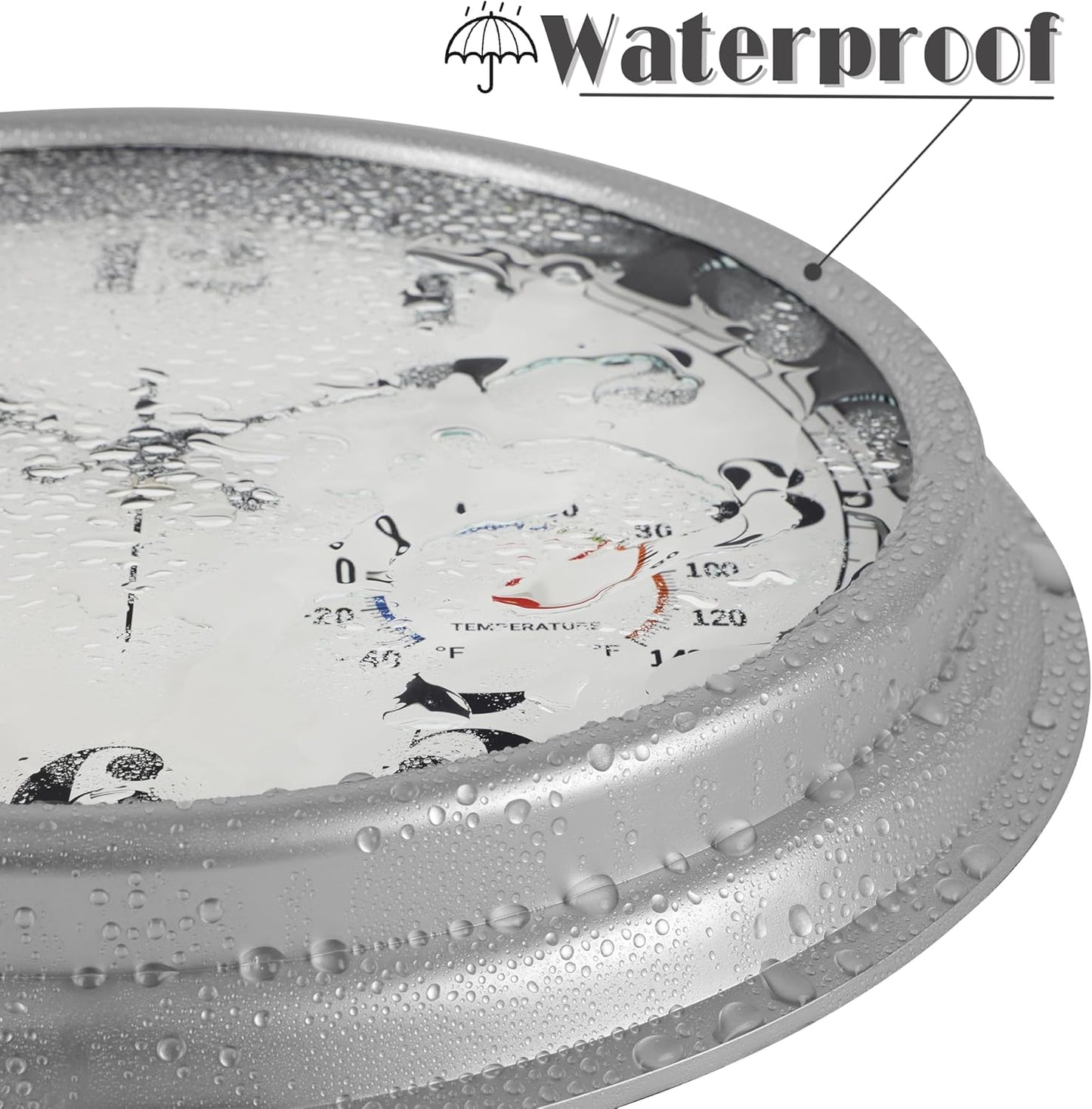 JENLYSTIME 16 Inch Silver Vintage Waterproof Indoor/Outdoor Wall Clock with Thermometer & Hygrometer, Large Numerals & Silent Sweep Movement - Ideal for Porch, Garden, Pool