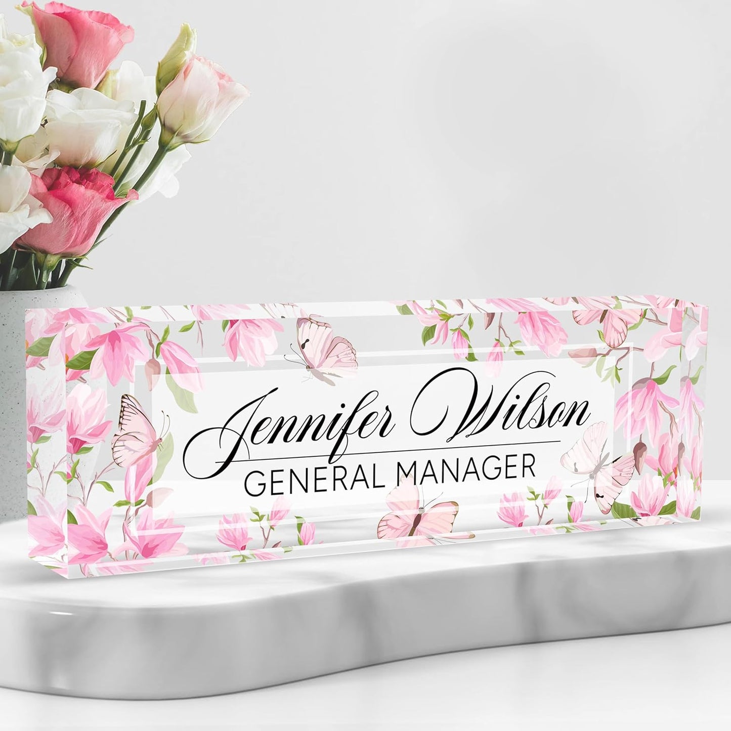 Personalized Acrylic Desk Name Plate - Custom Employee Appreciation Gifts - Office Gifts for Women, Men, Boss, Coworkers, Teacher, Nurse (Pink Flower Butterfly)