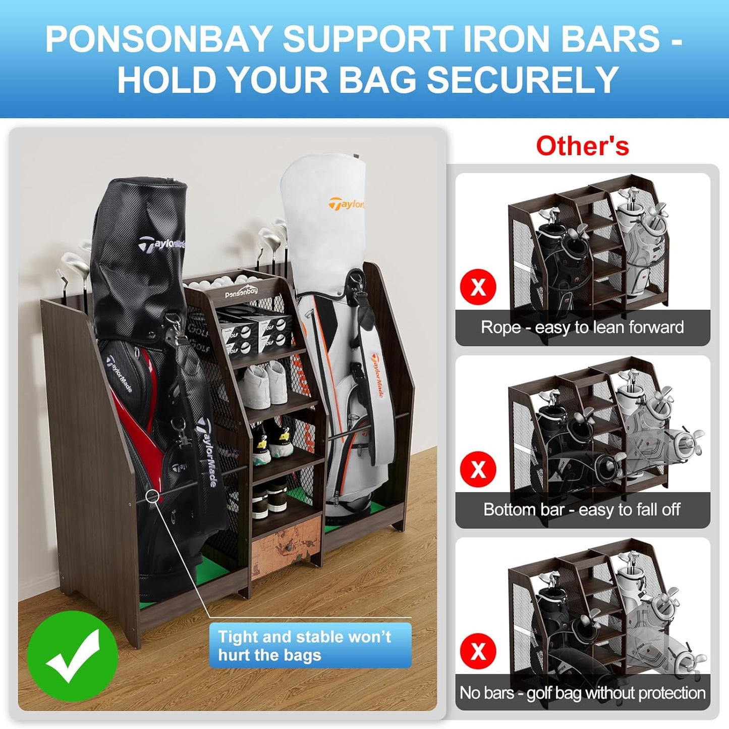 Golf Bag Storage Organizer for Garage, Premium Wooden 2 Golf Bags Rack with Drawer, Easy Assemble Golf Club Stand/Holder Suitable for Garage Home Simulator and Office