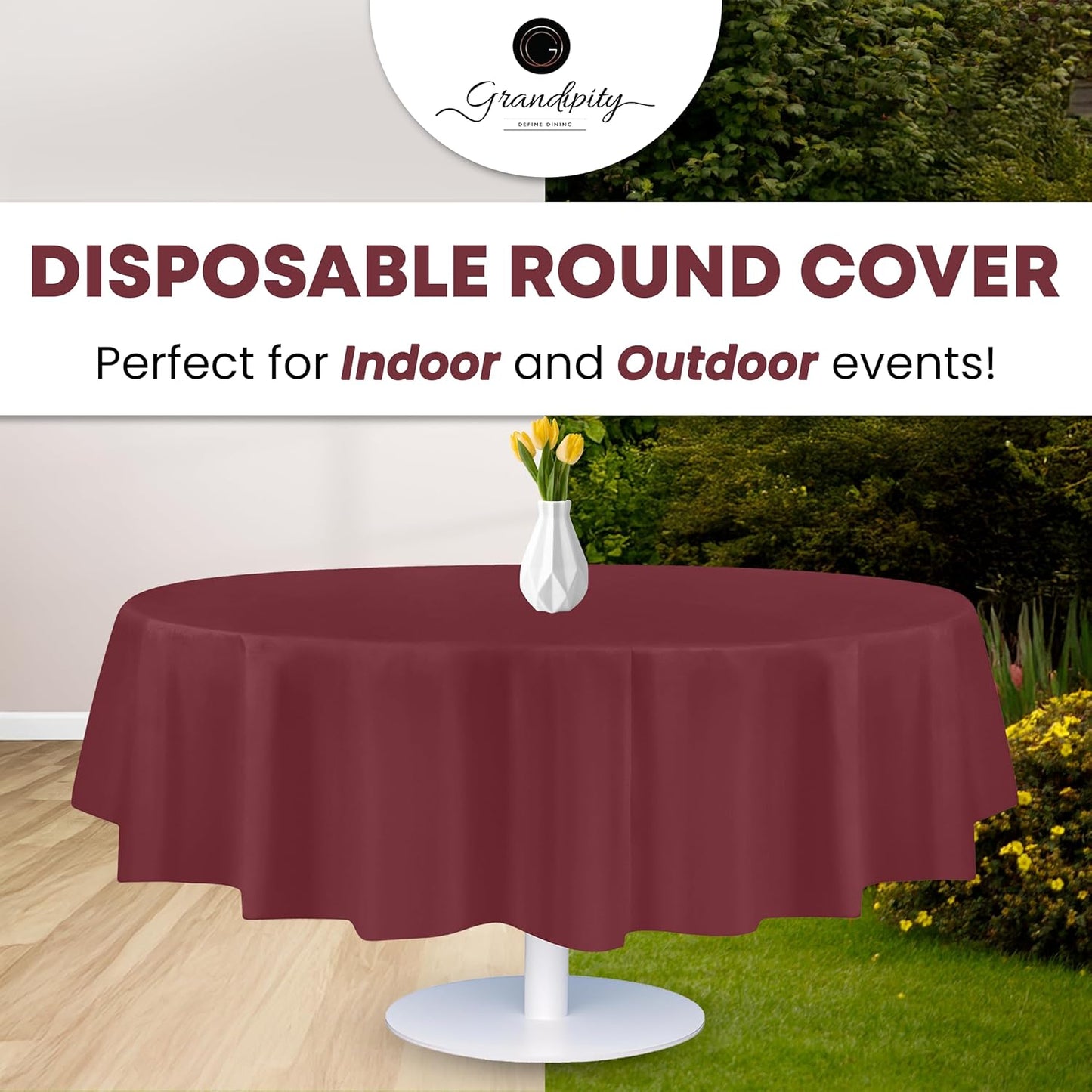 Grandipity 12 Pack Premium Disposable Plastic Tablecloth 84" Inch Decorative Round Table Cover - Burgundy