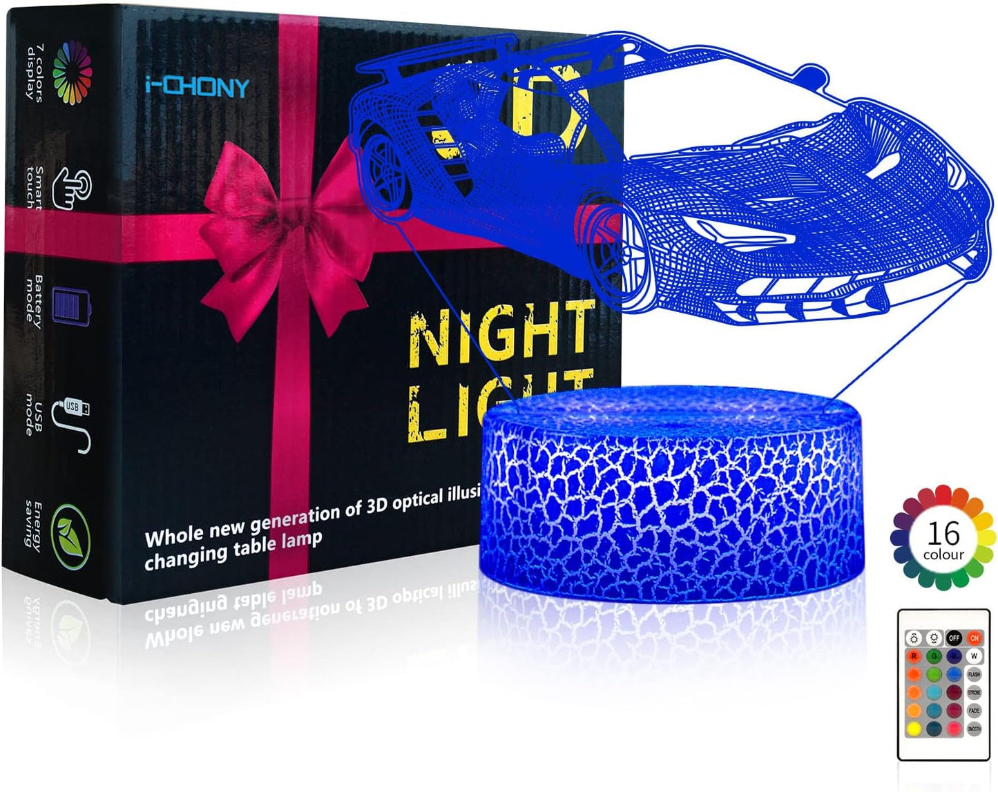 i-CHONY Sport Car Night Light,Race Car 3D Optical Illusion Lamp,with Remote & Smart Touch 16 Colors Dimmable Bedroom Decor Bedside Lamp,Christmas Holiday Birthday Gifts