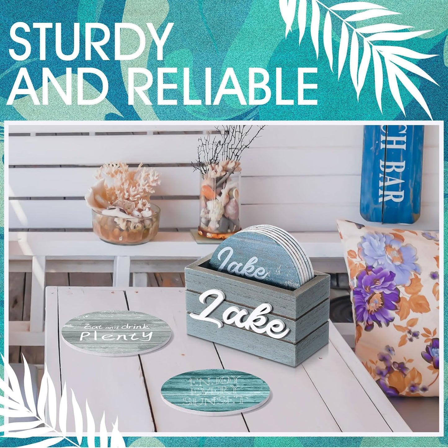 Queekay 6 Set Lake Theme Coasters with Holder for Drinks, Lake Lovers House Gifts, 4'' Wooden Coasters with Sayings Housewarming Gifts for Home Bar Coffee Table Decorations(Blue Color)