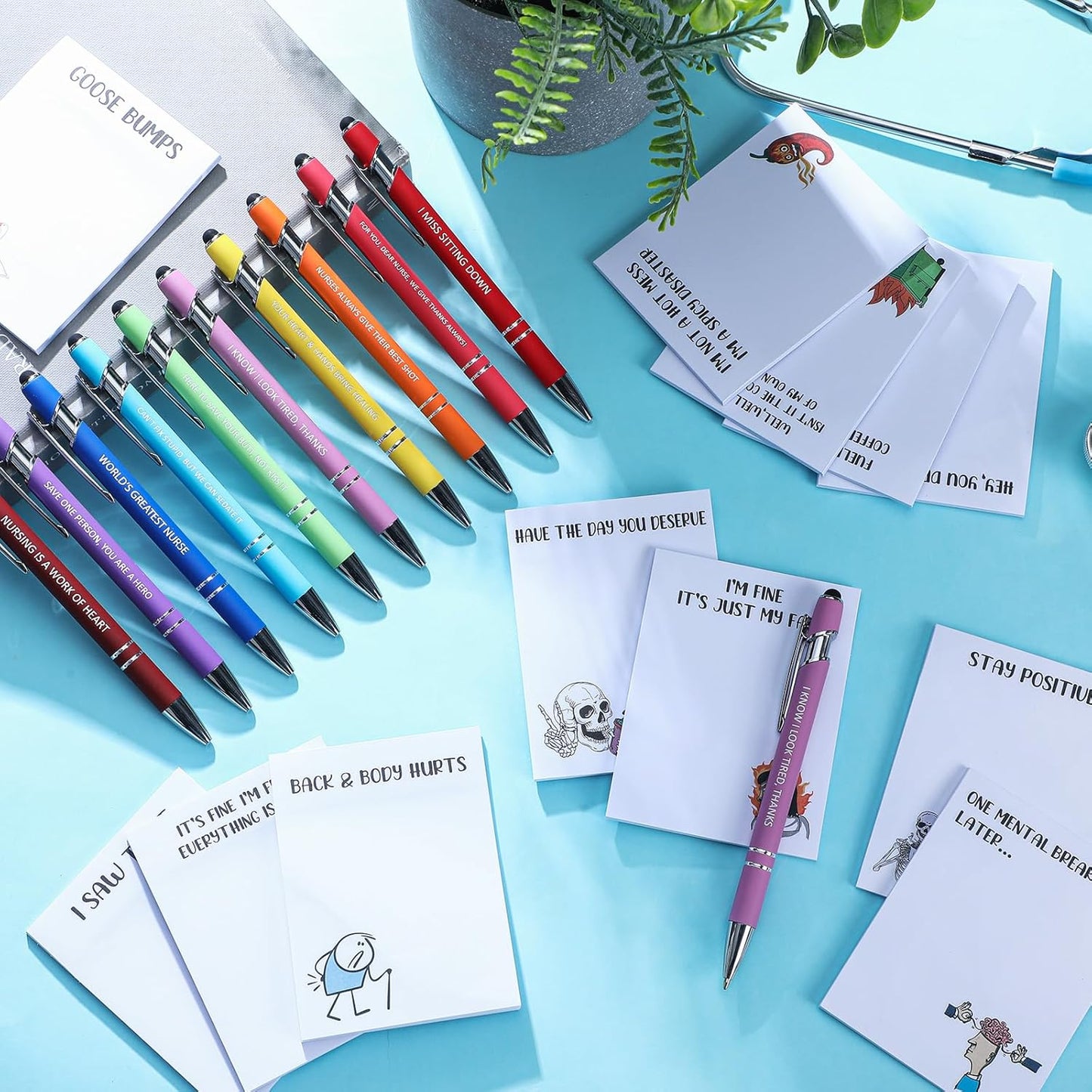 Geyee 24 Pcs Amusing Nurse Sticky Notes with Funny Pens Fun Notepads for Adults Coworkers Nurse 3 x 4 Inch to Do List Notepads with Sayings Pen for Lab Week Gifts Teacher Office Supplies