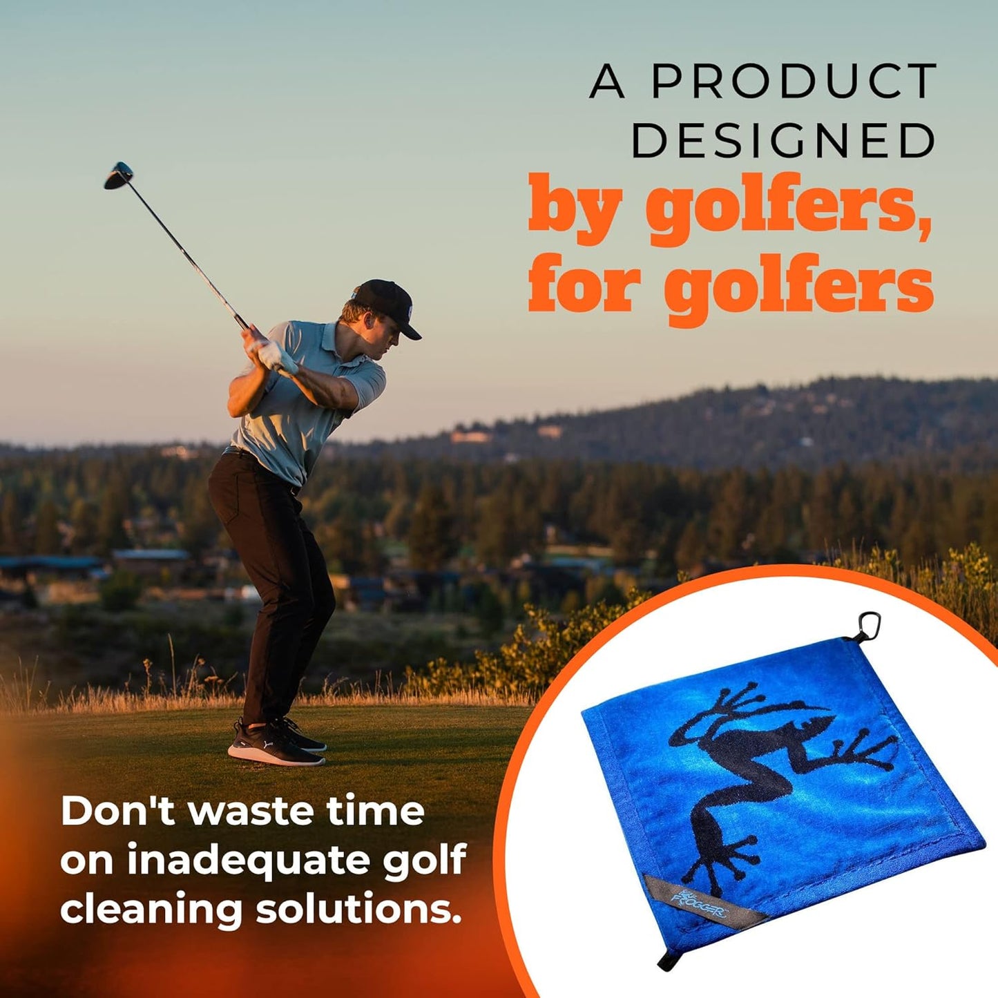 Frogger Amphibian 2-in-1 Golf Towel with Wet and Dry Technology, Blue/Black, Premium Golf Bag Accessory with Carabiner Clip, Ultra Absorbent, for Golf Dads