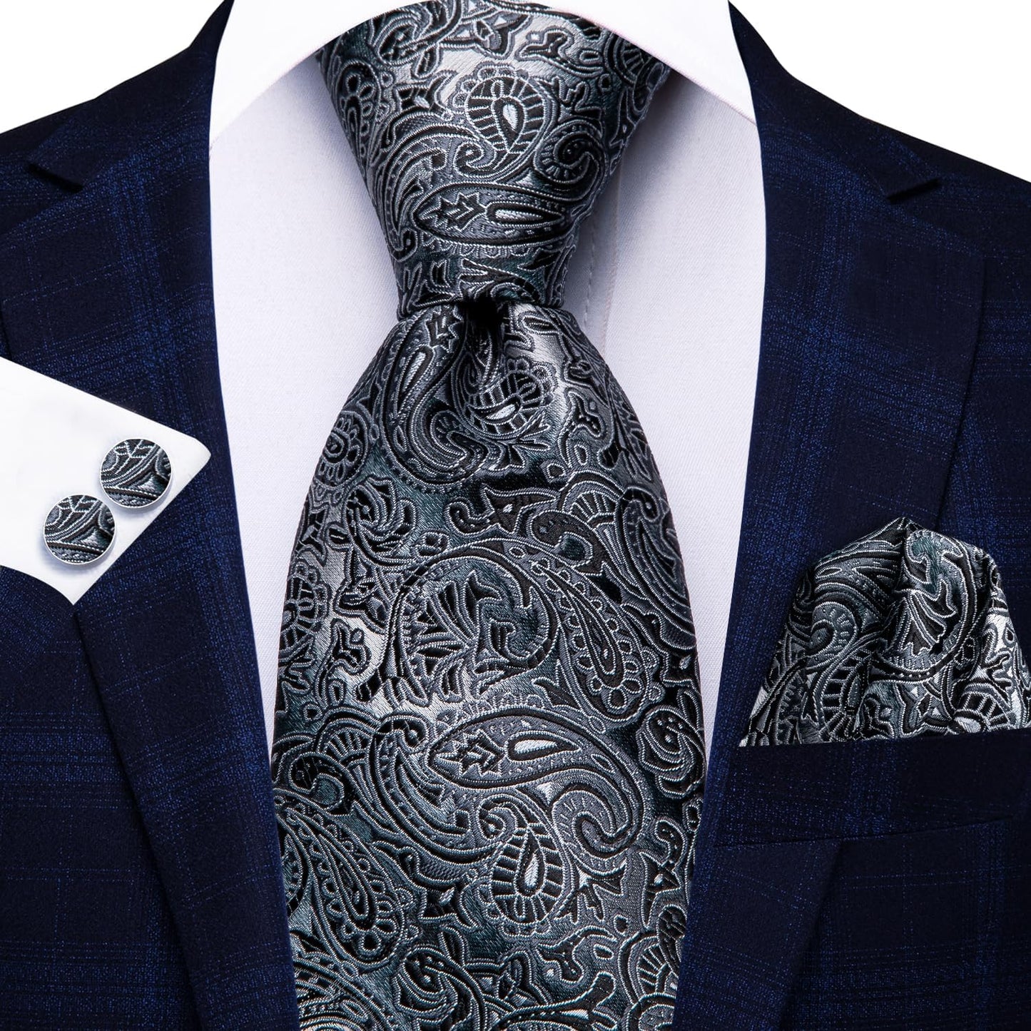 Hi-Tie Men 63inches Tie Set Extra Long Necktie Paisley Tie Pocket Suqare Cufflinks Big and Tall Men Tie