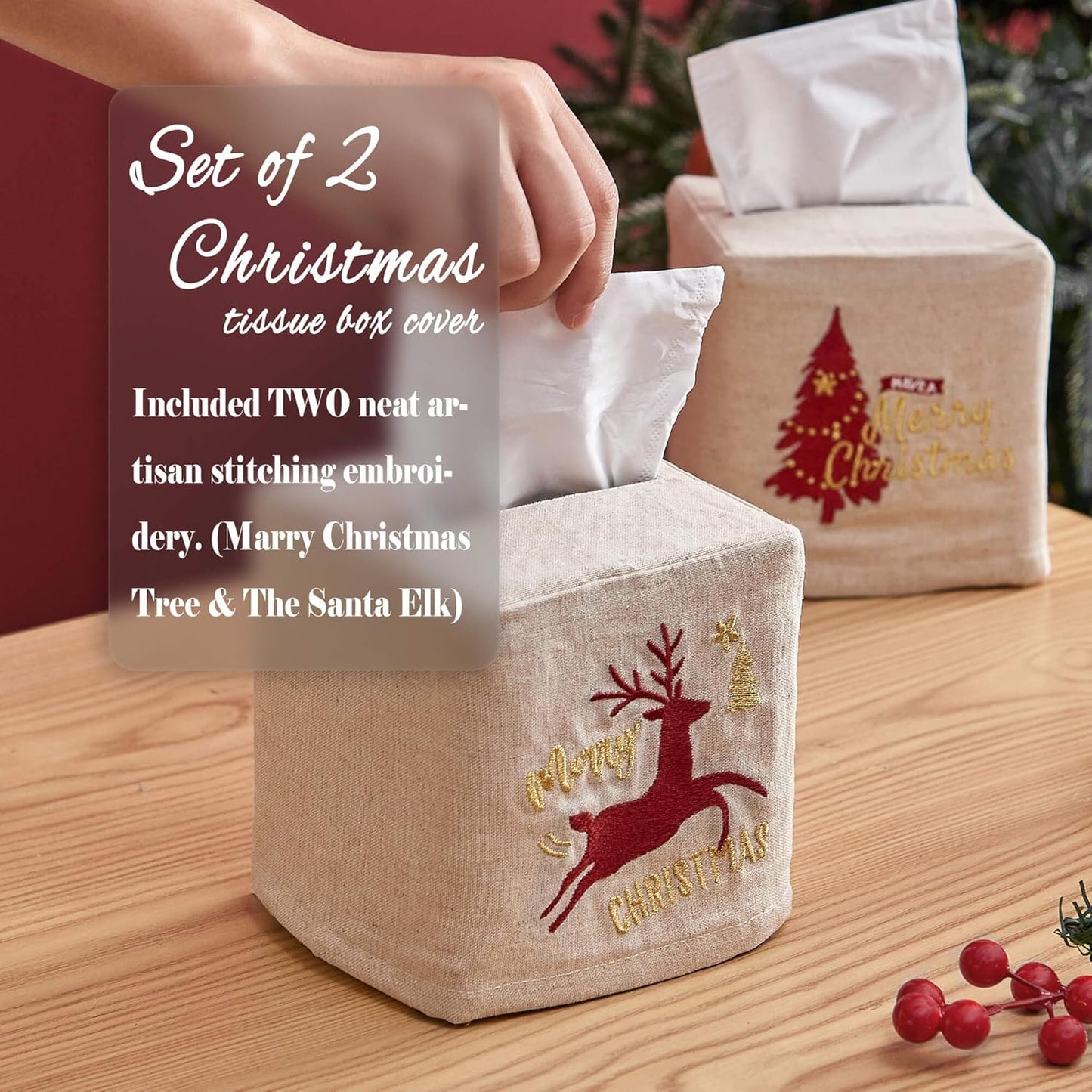 Christmas Linen Tissue Box Cover - Square Embroidered Gifts Boho Cube Holder for Bathroom Rectangle Cover Set Merry Xmas