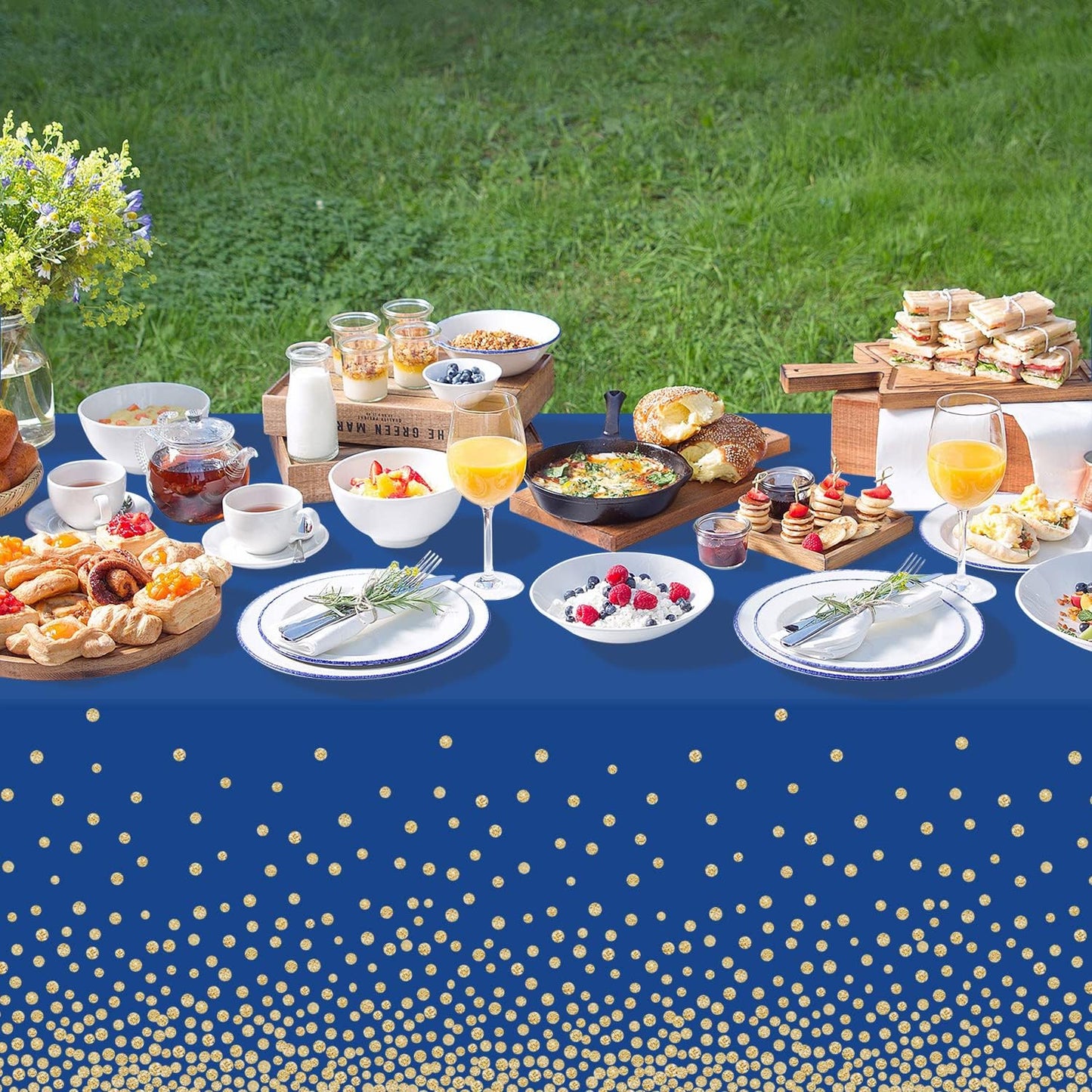 QIKSION 3 Pack Navy Blue and Gold Dot Tablecloth for Parties, Disposable Blue Table Cloths for Birthday, Graduation Party Table Cover for Rectangle Tables(54 × 108 Inch)