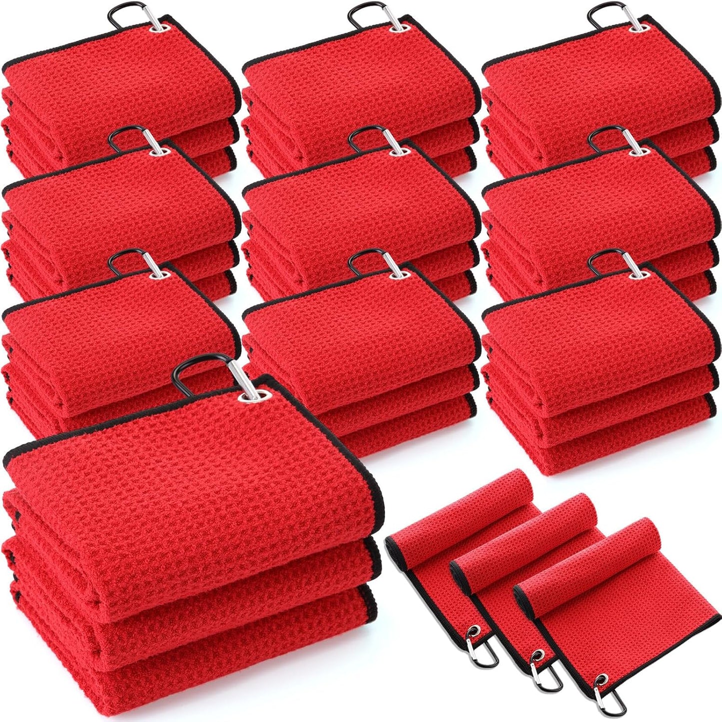 Batiyeer 30 Pcs Golf Towels Bulk for Bags 16'' x 16'' Microfiber Fabric Golf Towel with Clip Waffle Pattern for Men Mini Tournament Fitness Yoga Camping (Red)