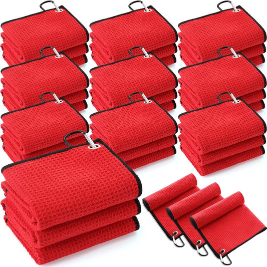 Batiyeer 30 Pcs Golf Towels Bulk for Bags 16'' x 16'' Microfiber Fabric Golf Towel with Clip Waffle Pattern for Men Mini Tournament Fitness Yoga Camping (Red)