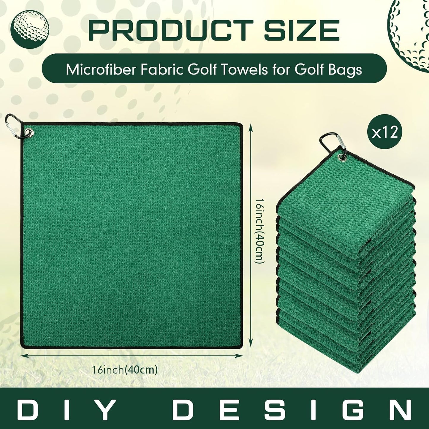 Batiyeer 12 Pcs Golf Towel Bulk for Golf Bags 16'' x 16'' Microfiber Fabric Towel with Clip Waffle Pattern, Fitness, Camping, Hiking, Yoga