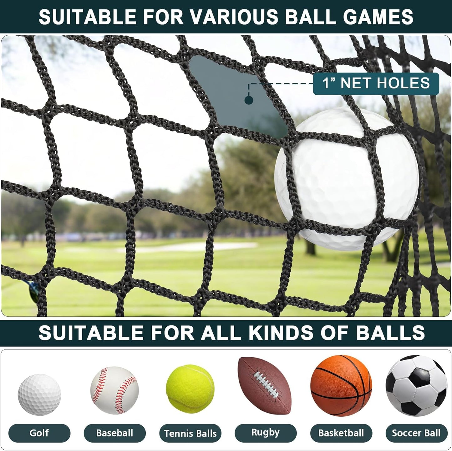 Golf Netting 7Ft,10Ft,15Ft,20Ft Golf Practice Net for Garage, Sport Practice Barrier Net, Heavy Duty Nylon Sport Netting Golf Hitting Net for Baseball, Hockey, Soccer, Tennis DIY Ball Net for Backyard