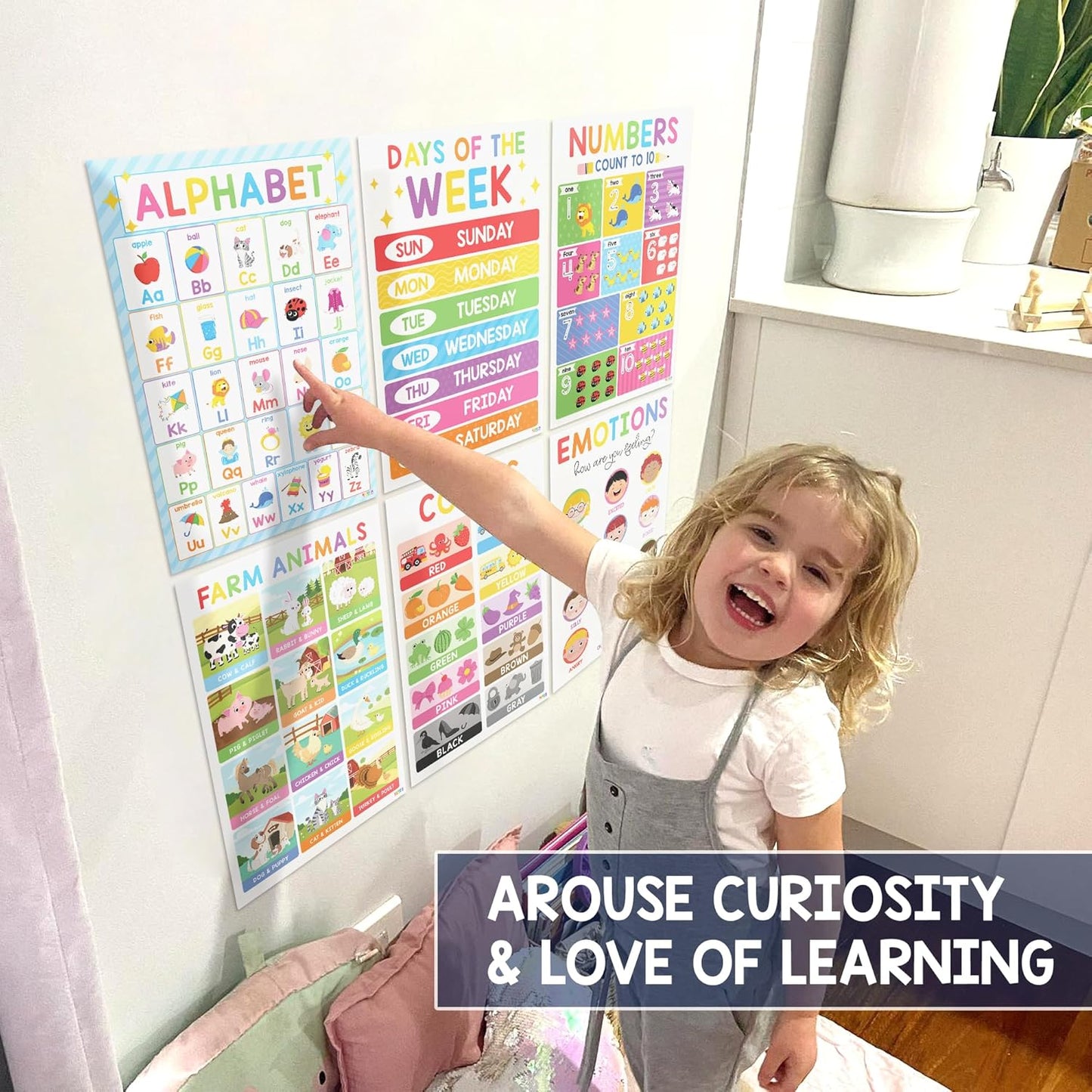 BEAWART 18 Laminated Educational Posters For Toddlers, Preschool Posters for Classroom, Kindergarten Wall Decor, PreK Learning Materials Alphabet Number Chart