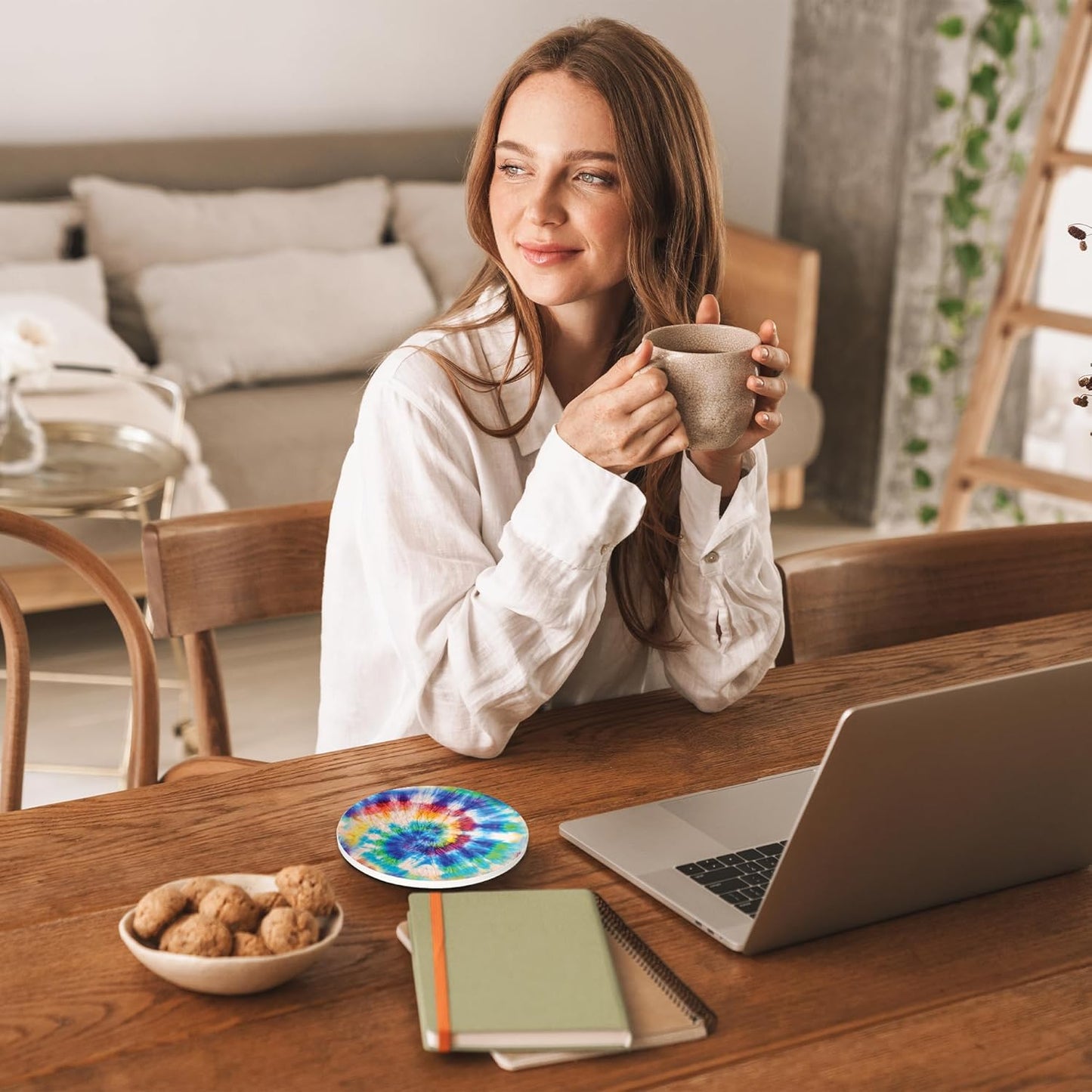Drinks Coasters Set of 4, Rainbow Tie-Dye Round 4" Cup Coasters, Absorbent Ceramic Stone Coasters with Cork Base, Cute Coasters for Table Home Décor, Ideal Gifts for Women Men