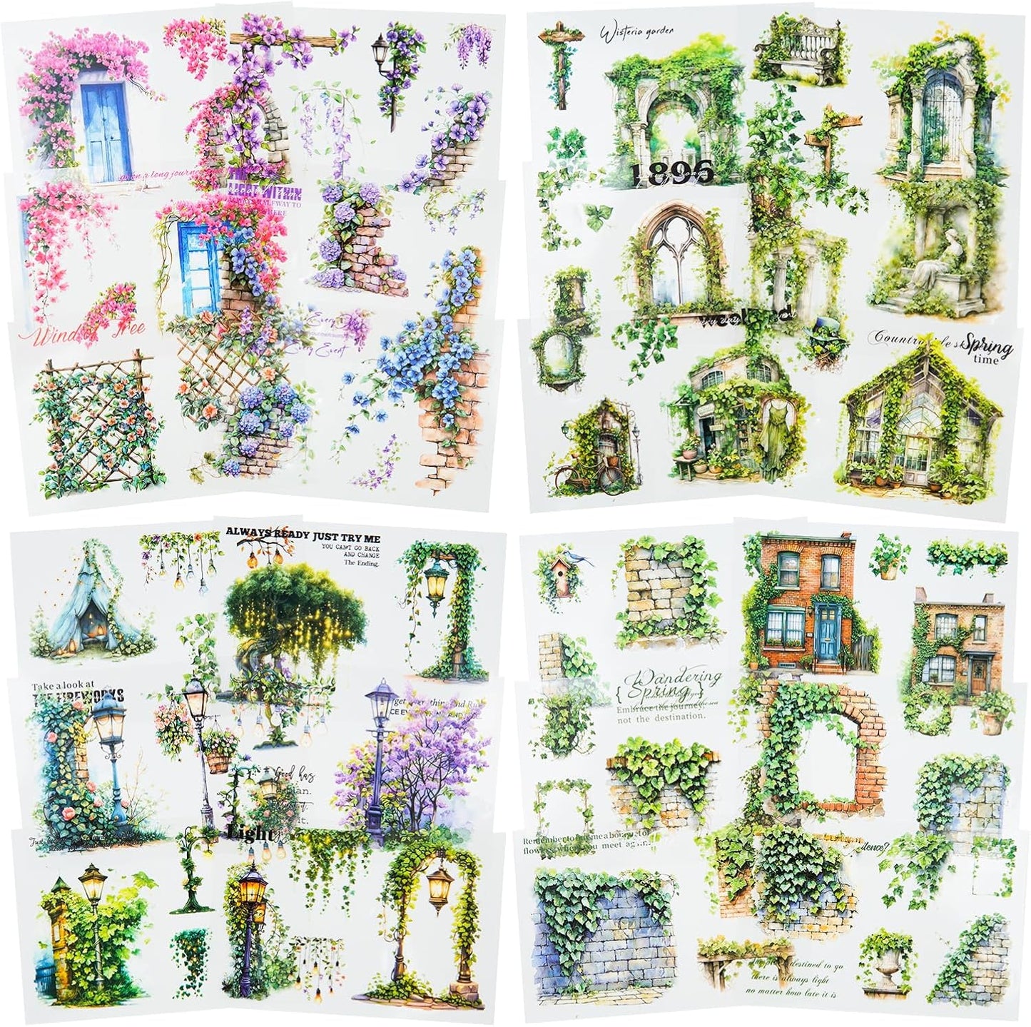 Vintage Garden PET Sticker Book Set – 4 Books, 64 Pages of Pre-Cut Waterproof Floral Stickers for Journaling, Scrapbooking, DIY Crafts and Planner Supplies