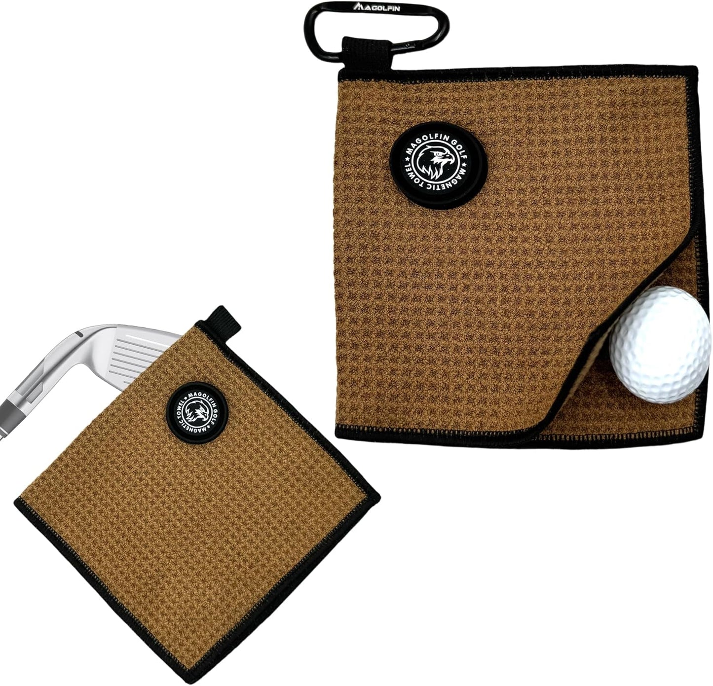 Small Magnetic Golf Towel with Clip, Microfiber Waffle Design - Industrial Strength Magnet for Glof Balls, Golf Bags, Carts Clubs - Brown