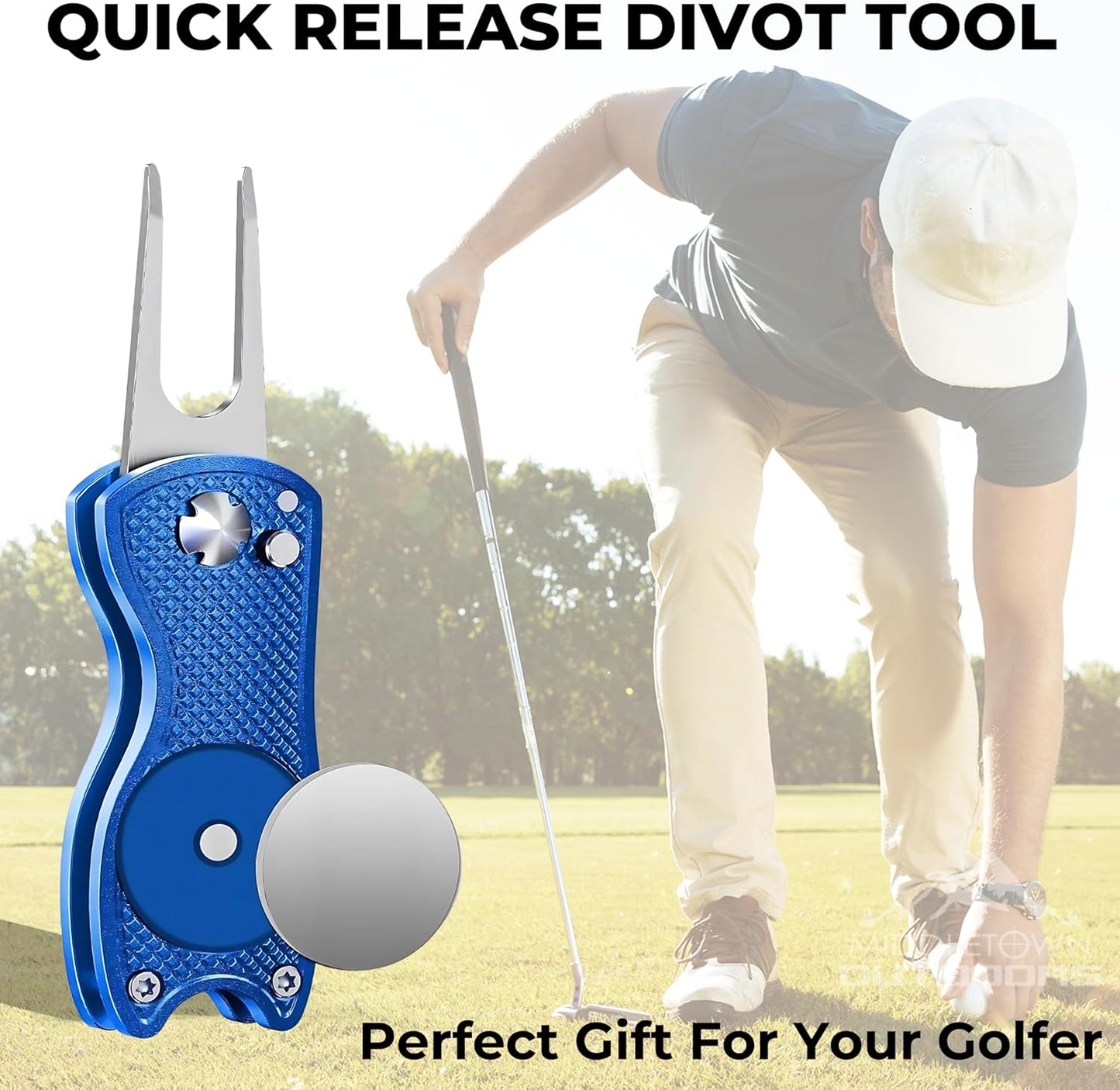 Golf Divot Tool with Magnetic Ball Marker, Multifunctional Divot Tool, Foldable Fork,Fix Divots, Clean Clubs and Cleats, U Shape Bottom can Hold Club