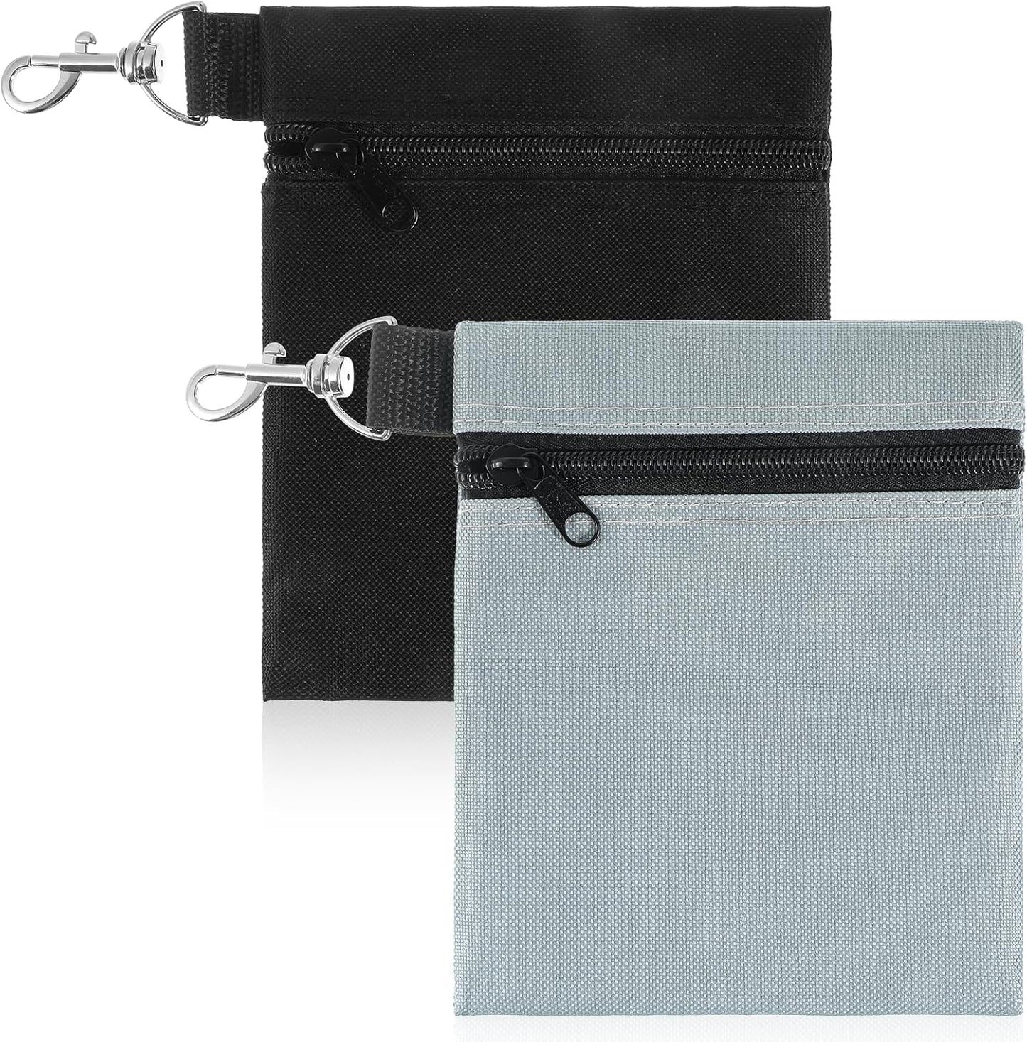 2 Pack Golf Ball Bag, Golf Tee Bag Pouch 6.7" x 5.5" Zippered Pouch with Metal Lobster Clip, Waterproof Golfs Accessories Organizer for Tees Balls, Valuables Holder, Men Women (Black, Gray)