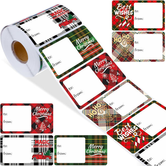 Outus 500 Pieces Christmas Tags Self Adhesive Gift Tags for Xmas Presents Christmas Name Labels Stickers for Wrapping Paper Festival Birthday Holiday Decor(Checkered Style,2.76 x 1.57 Inch)