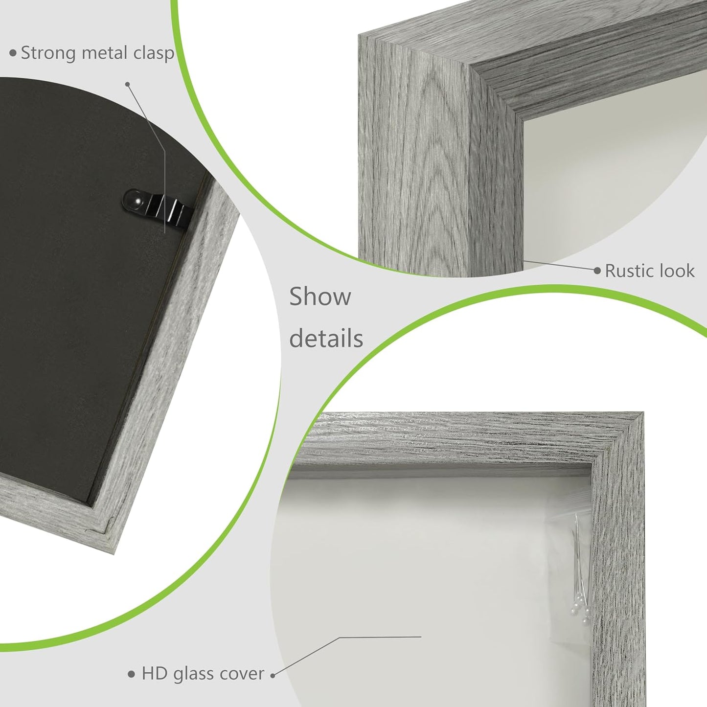 FrameWorks 11x14 Driftwood Wooden Shadow Box Frame – Soft Felt Back, Tempered Glass, and Included Elegant White Ball Push Pins