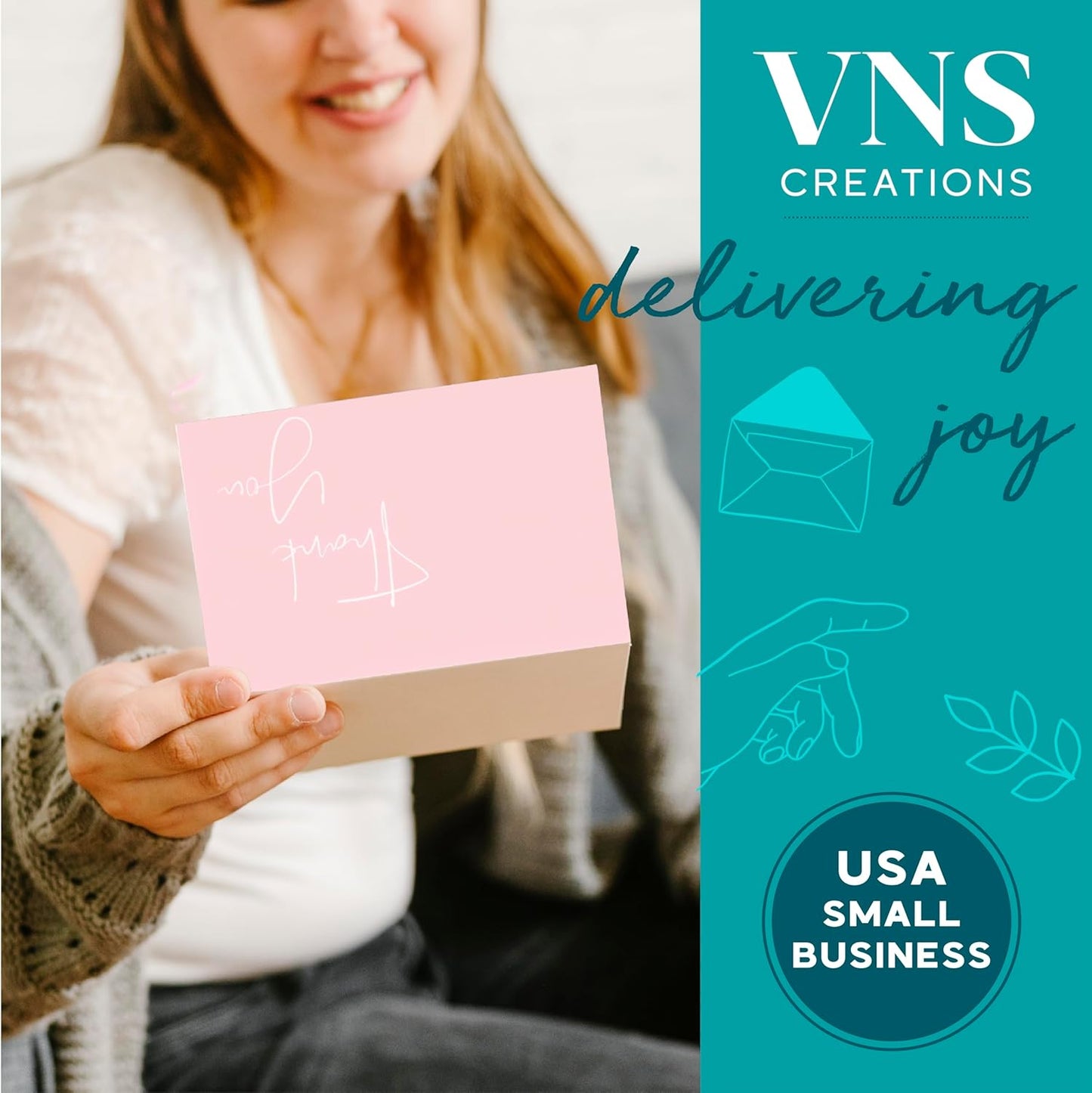VNS Creations Thank You Cards With Envelopes Bulk Set & Stickers - 100 Pack 4x6 Blank Thank You Notes Bulk Box Set - Large Note Card Small Business, Wedding, Baby Shower & Bridal Shower - Pink