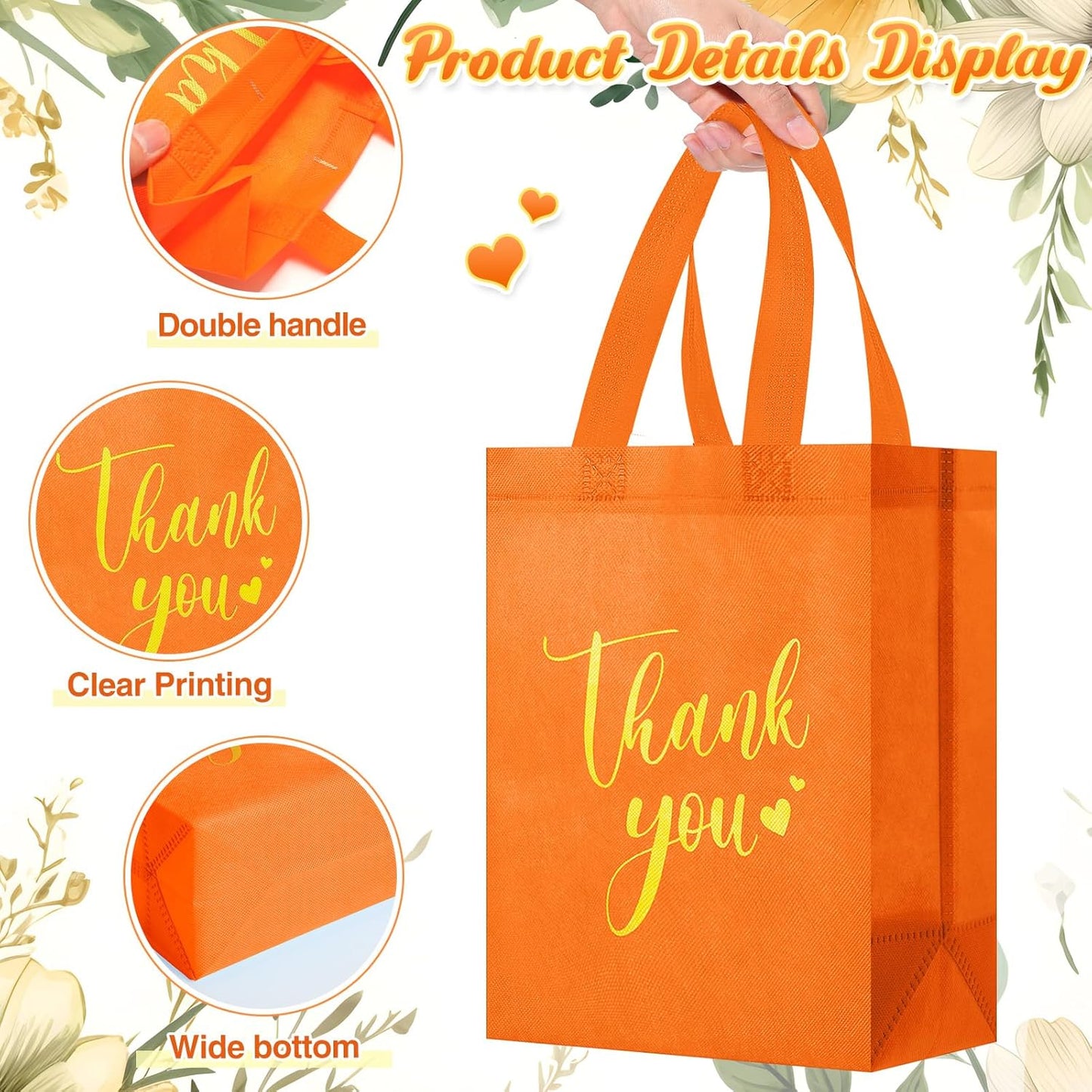 Sweetude 30 Pcs Thank You Gift Bags with Handles Bulk Reusable Goodie Bag Non Woven Foldable Handbag for Graduation Wedding Bridesmaid Gifts(10 x 8 x 4 Inch,Orange)