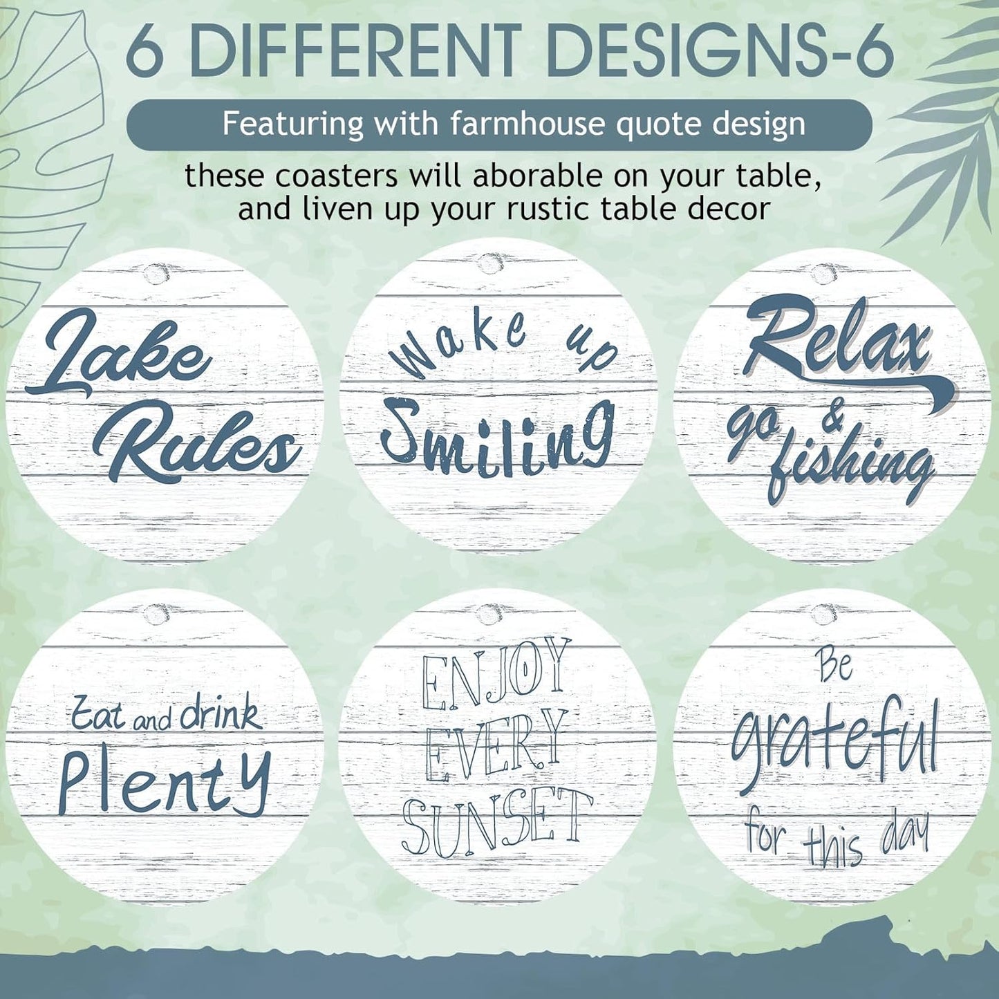 Queekay 6 Set Lake Theme Coasters with Holder for Drinks, Lake Lovers House Gifts, 4'' Wooden Coasters with Sayings Housewarming Gifts for Home Bar Coffee Table Decorations (Bright Color)