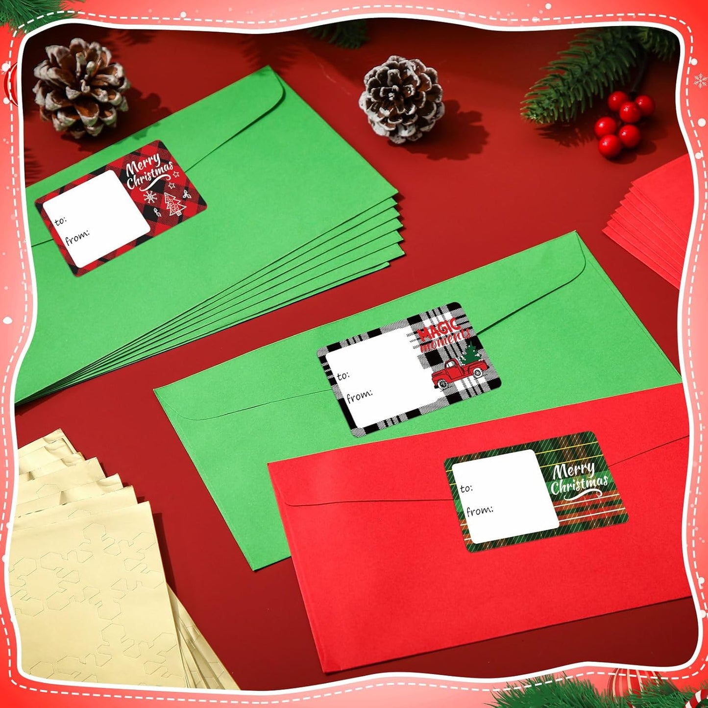 Outus 500 Pieces Christmas Tags Self Adhesive Gift Tags for Xmas Presents Christmas Name Labels Stickers for Wrapping Paper Festival Birthday Holiday Decor(Checkered Style,2.76 x 1.57 Inch)