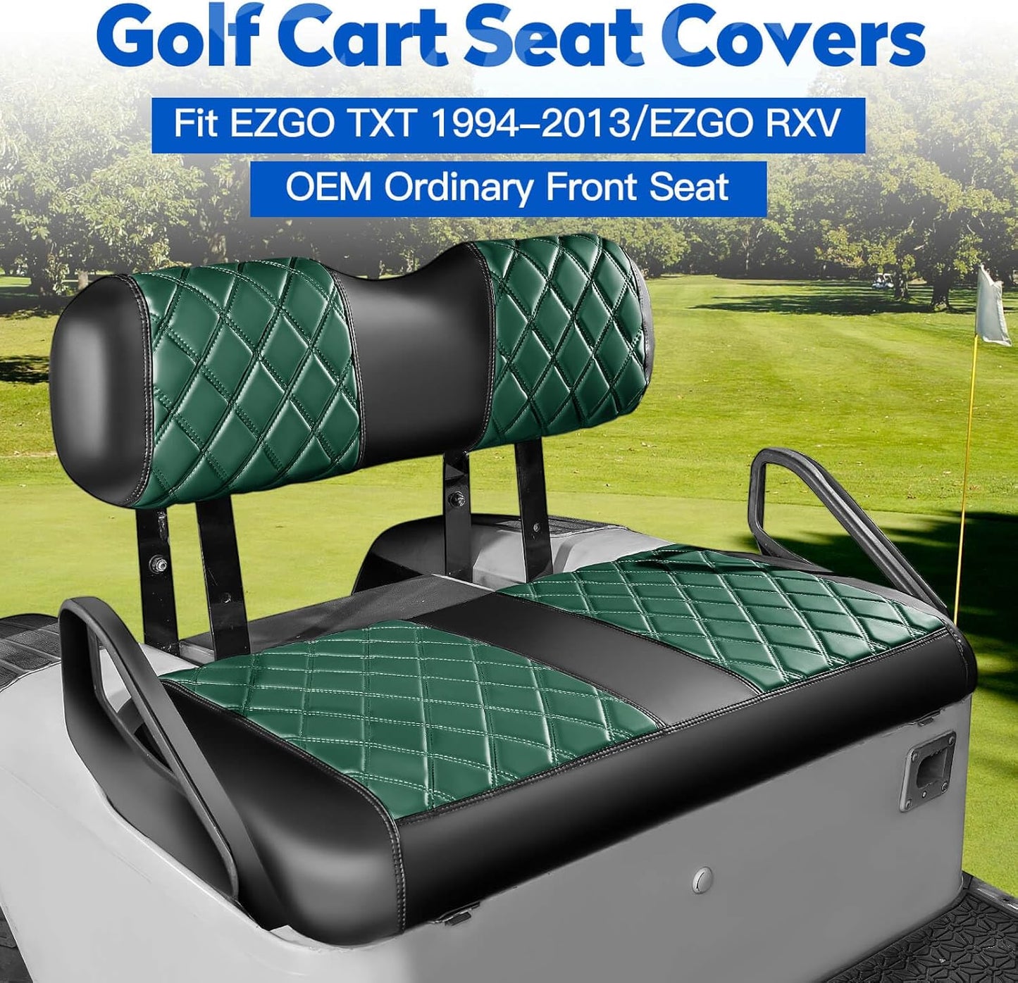 NOKINS 4PCS Golf Cart Diamond Seat Covers Kit, Front&Rear Seat Covers Fits EZGO TXT 1994-2013/EZGO RXV Standard Seat Cushion, EZGO Vinyl Seat Cover Accessories, No Staples (Dark Green&Black)