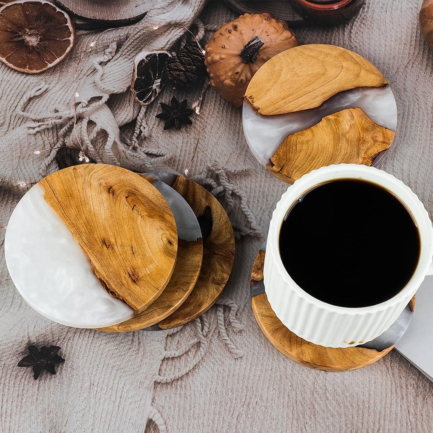 Drink Coaster Set, Wooden Absorbent Coasters, Epoxy Resin Coaster for Coffee Table, Tabletop Protection Decor, Set of 5 with Holder