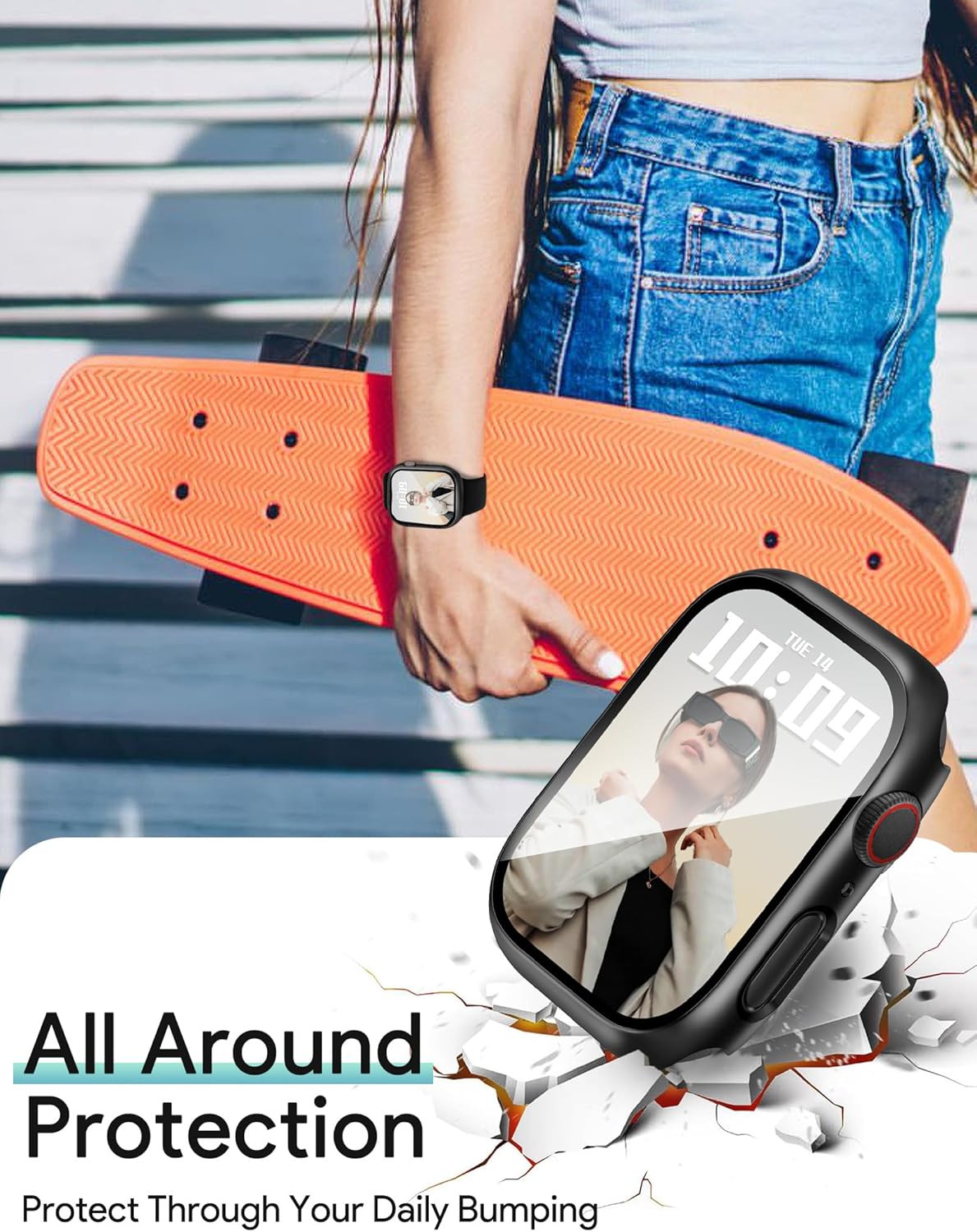 JR.DM 40mm 2 Pack Hard PC Case with HD Tempered Glass Screen Protector for Apple Watch Series 6/5/4/SE/SE2/SE3, Guard Bumper Full Coverage Protective Anti-Scratch Face Cover for iWatch, Black+ Black