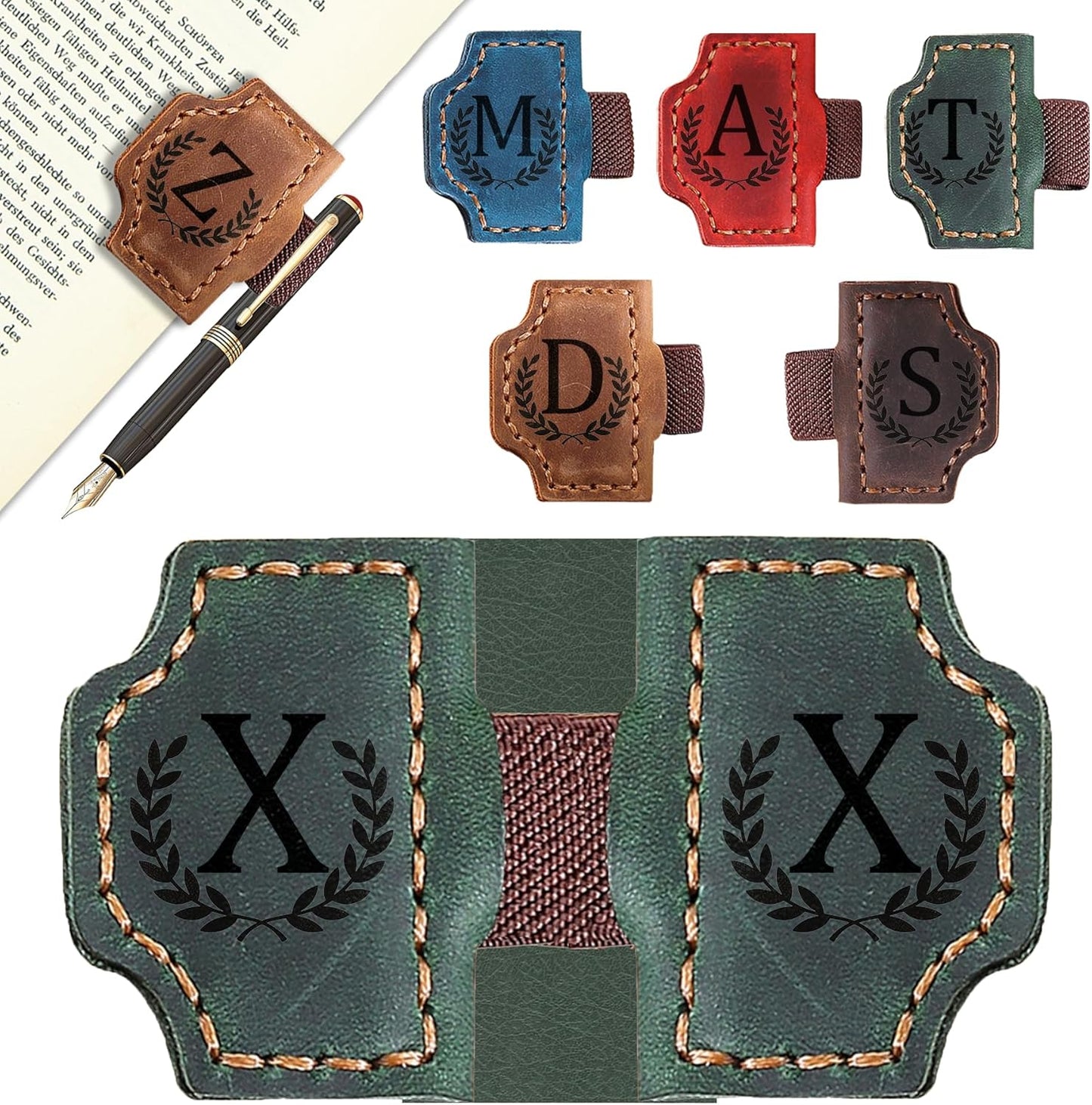 Bygone Mark Bookmark with Pen Holder, 26 Letters Name Initial Personalized Magnetic Bookmarks, Leather Book Mark for Men Women, Travelers Accessories, Teachers Readers Book Lovers Gifts (Green, X)