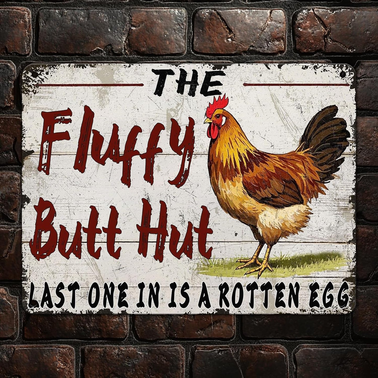 Funny Chicken Coop Metal Tin Sign 12x16 Inch Fluffy Butt Hut Last One In Is A Rotten Egg Chicken Tin Sign Chicken Coop Poster Home Kitchen Garden Bar Restaurant Coffee Are Wall Decor