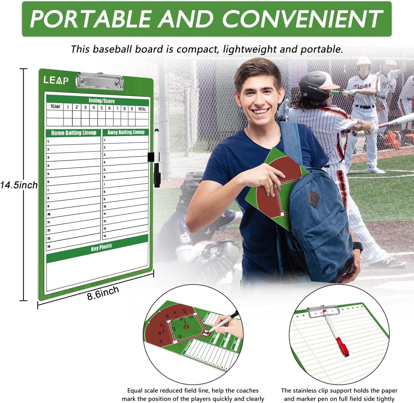 LEAP Coach Board Double Sided Design Premium Dry Erase Clipboard with Dry Erase Marker Pen and Pen Holder for Baseball, Basketball, Soccer, Football, Ice Hockey