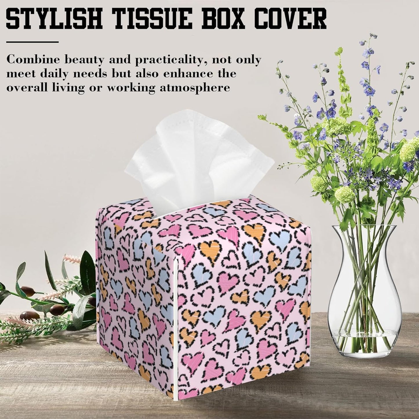 Colorful Heart Leopard Print Tissue Box Cover Square, Tissue Box Holder Leather Facial Paper Case Decorative Organizer Holder Dispenser Home Office Car Decor