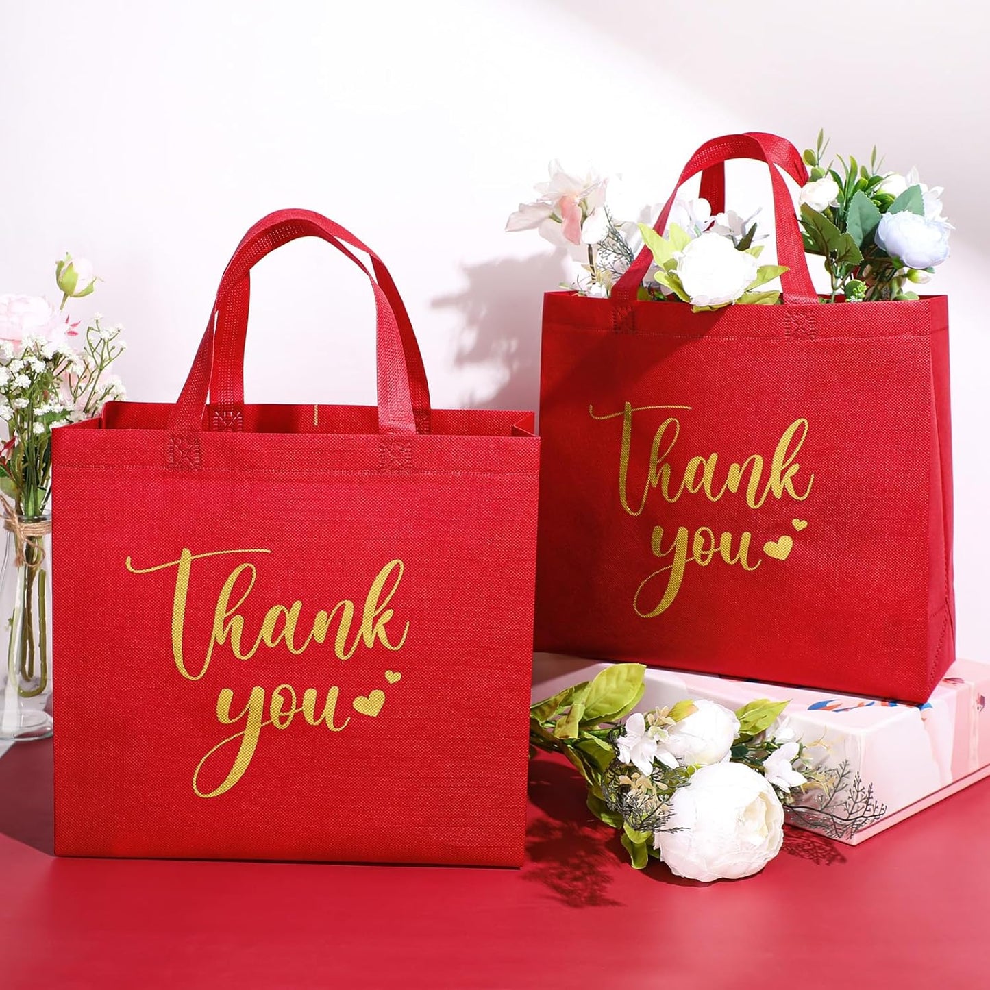 Sweetude 30 Pcs Thank You Gift Bags with Handles Bulk Reusable Goodie Bag Non Woven Foldable Handbag for Graduation Wedding Bridesmaid Gifts(11 x 12 x 5 Inch,Red)
