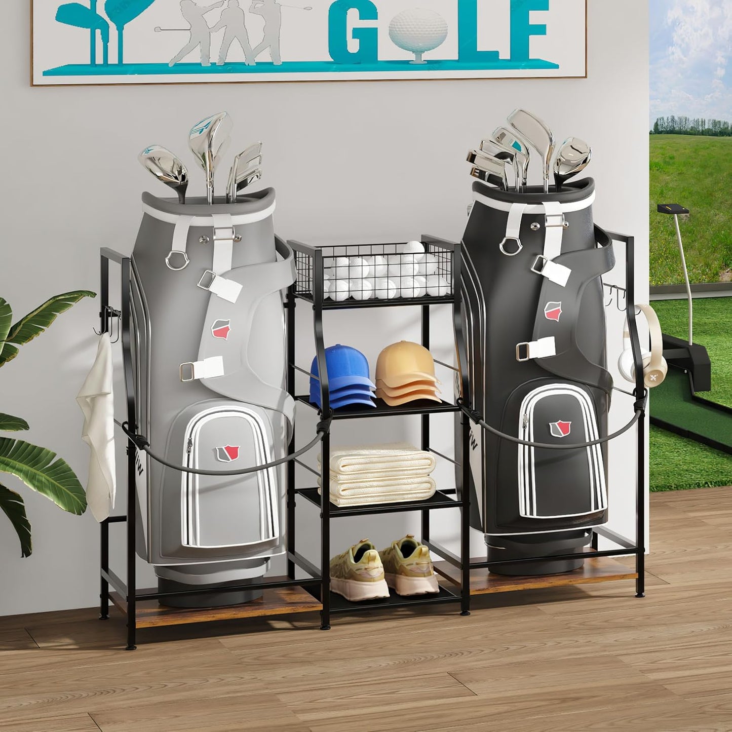 Golf Bag Storage Organizer for Garage Organization, Golf Bag Stand for Golf Bag Accessories, Spacious Golf Rack for Golf Clubs & Golf Essentials, Ideal Golf Gifts for Men (Fits 2 Golf Bags)