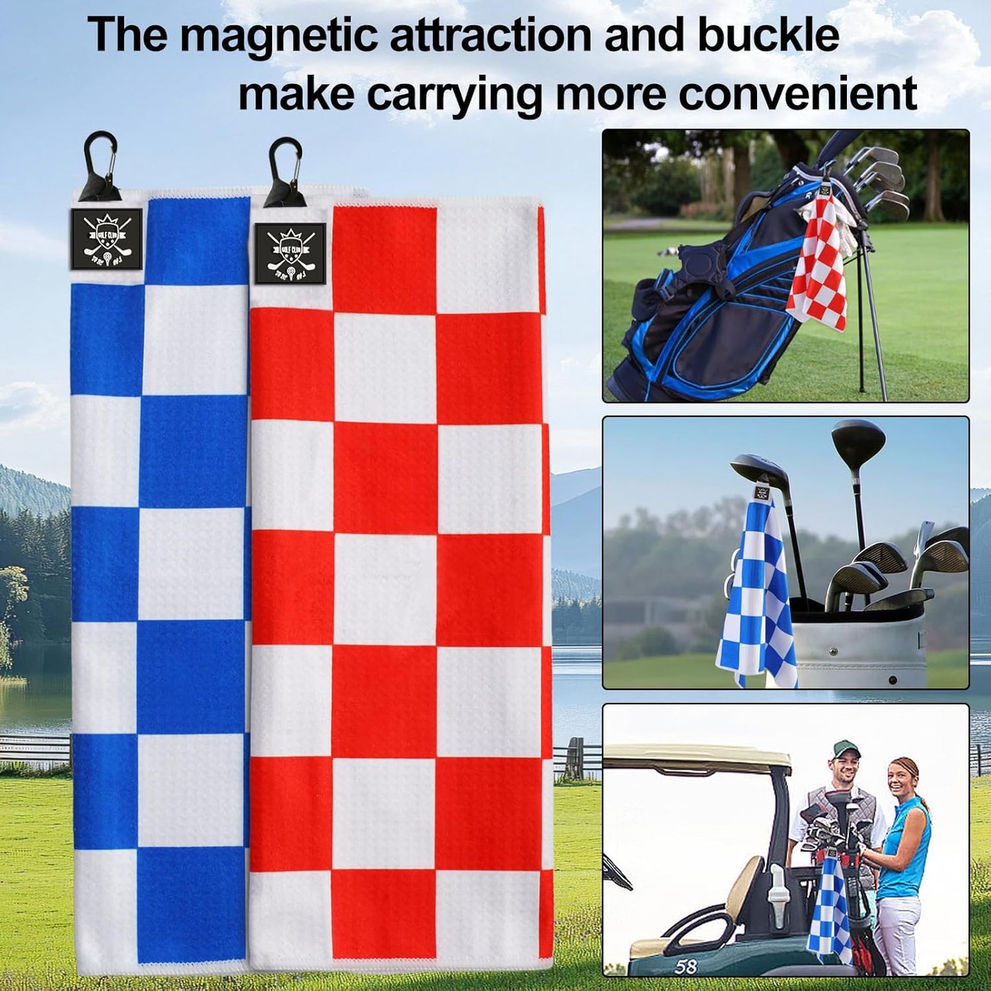 2Pcs Magnetic Golf Towel (24"x16") for Men - Premium Color Waffle-Pattern Golf Towel Magnetic with Clip. GolfAccessories for Men & Women, Fits GolfCarts/Clubs - Red/Blue