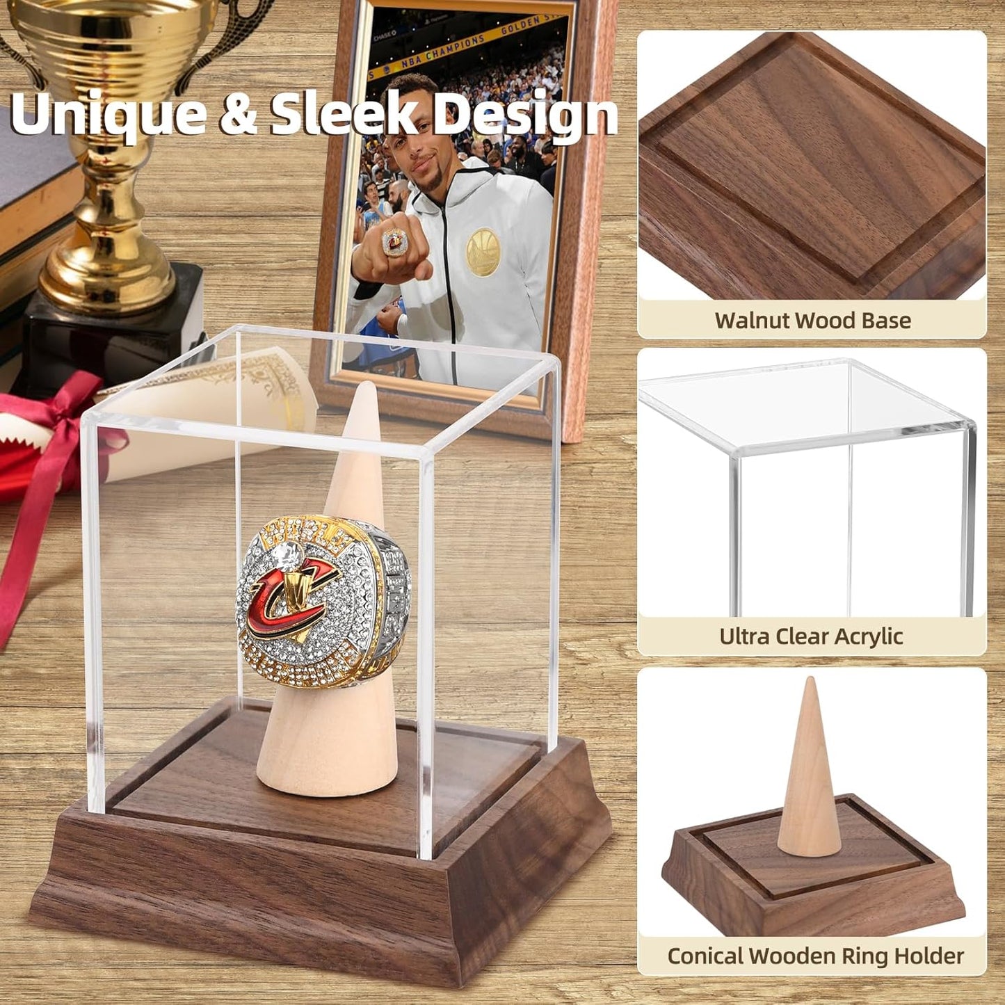 Championship Ring Display Case Baseball Softball Football Ring Holder Wanult Wood Base Acrylic Sports Ring Display Case Stand for Men Wooden Ring Box for Women Memorabilia Showcase Cube Collectibles