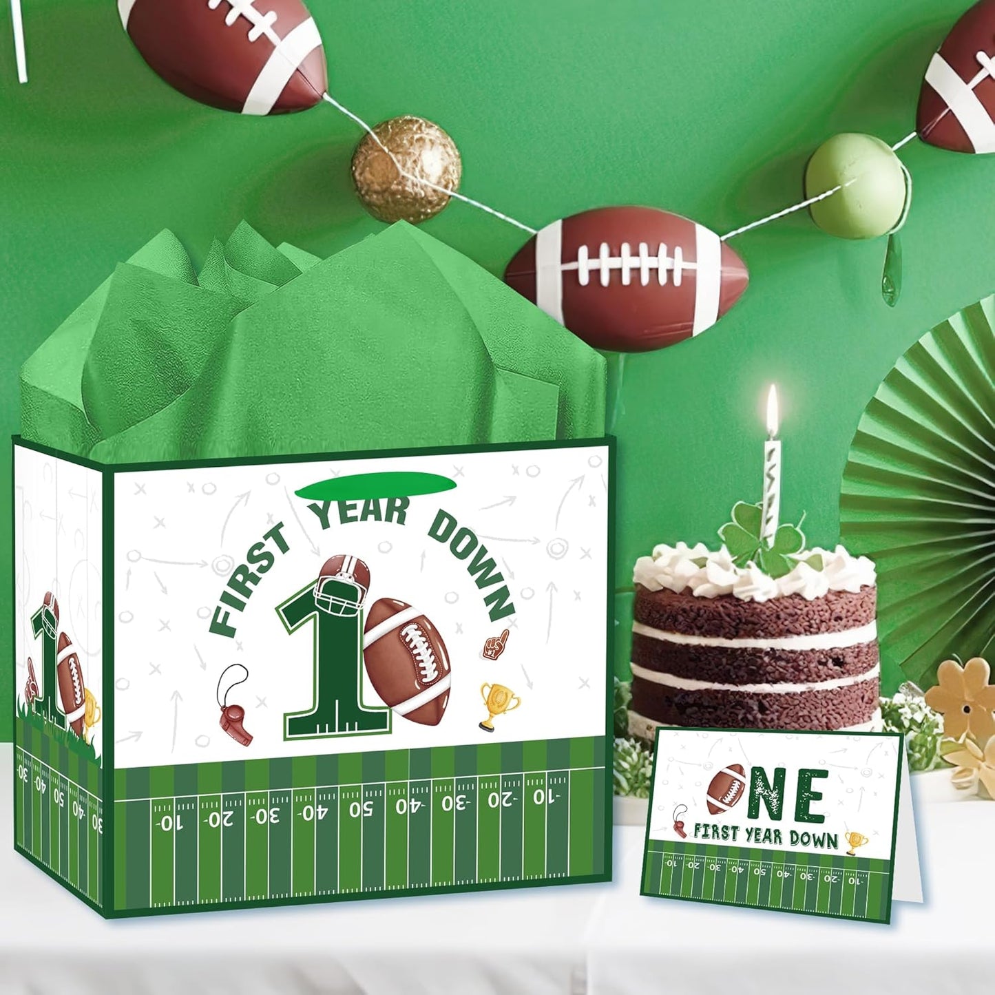 EoBeCy First Year Down Football Gift Bags, Large First Birthday Gift Bag with Tissue Paper and Greeting Card, Football Wrapping Paper for Boys Kids Men Sports Theme 1st Birthday Party Favor Supplies
