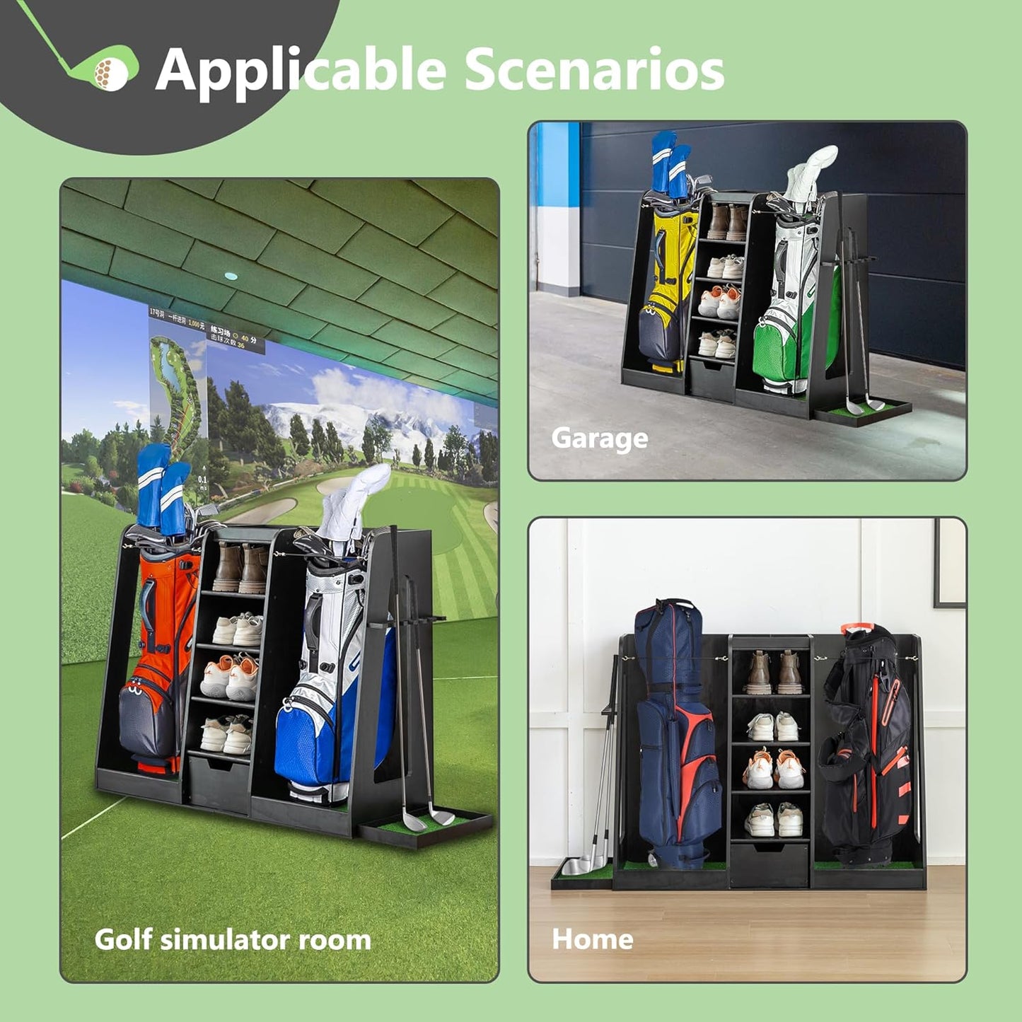 Golf Bag Organizer Storage Rack Large Wooden for 2 Bags, Golf Club Stand Holder with Drawer, Sports Equipment Rack for Garage, Practice Room, Home or Office