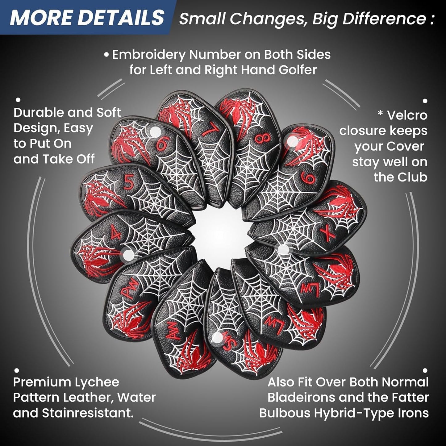 Golf Club Covers Iron Value 12 Pack Stylish Synthetic Leather Headcover, Embroidery Numbers Head Covers Universal Protector Fit Main Iron Wedge Clubs, Accessories Travel for Men Women