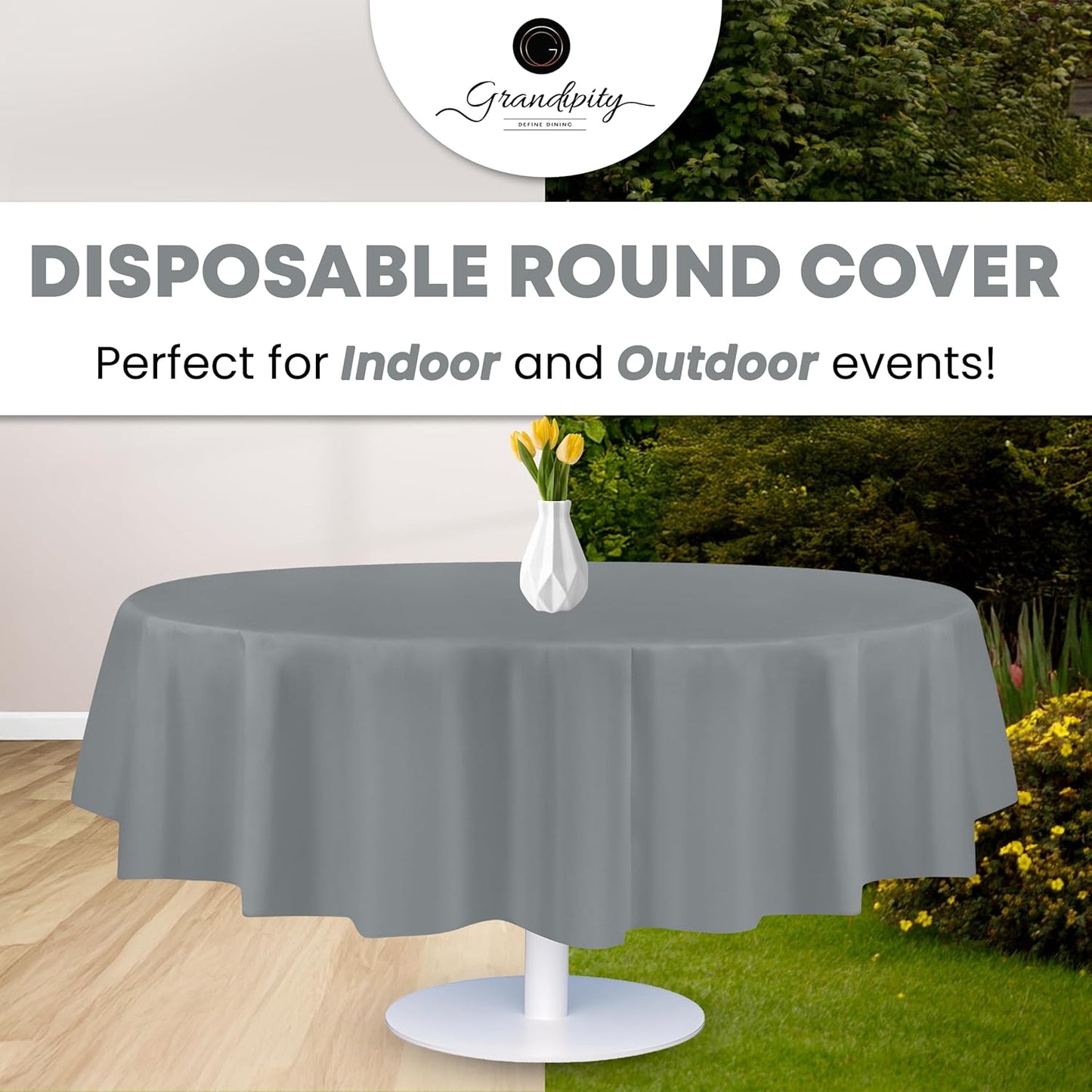 Grandipity 12 Pack Premium Disposable Plastic Tablecloth 84" Inch Decorative Round Table Cover - Silver