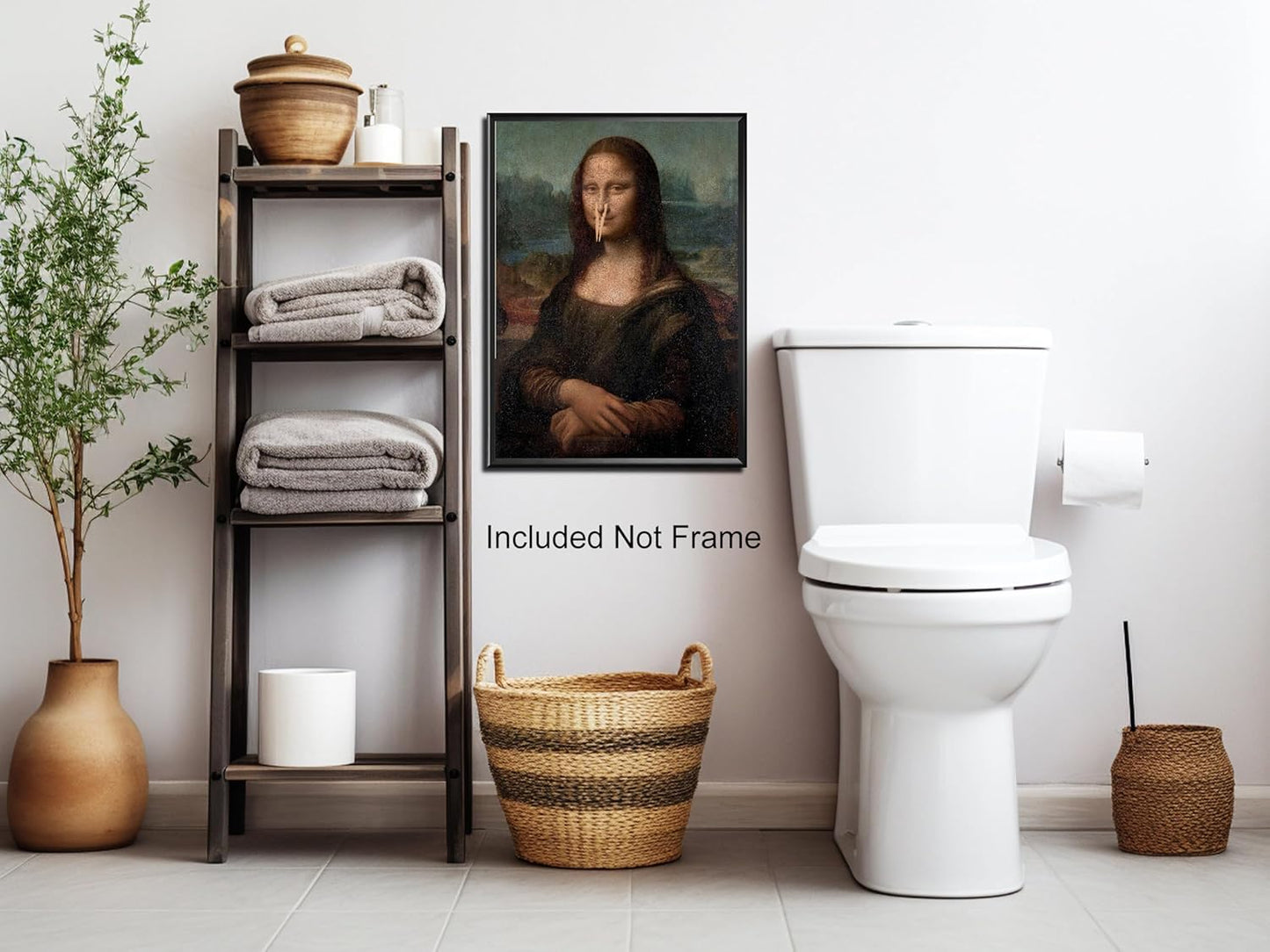 Funny Bathroom Wall Art Classical Oil Painting Mona Lisa Poster Amusing Pinching Nose Canvas Prints Vintage Humor Wall Decor for Restroom Toilet 16x24in Unframed