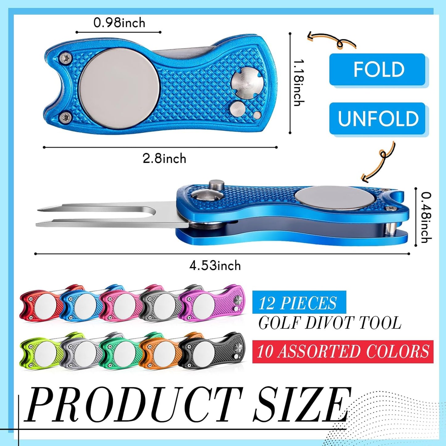 Poen 12 Pcs Golf Divot Tool Golf Repair Tool with Magnetic Ball Marker and Popping Button Metal Foldable Switchblade Repair Fixer for Golfers Prizes