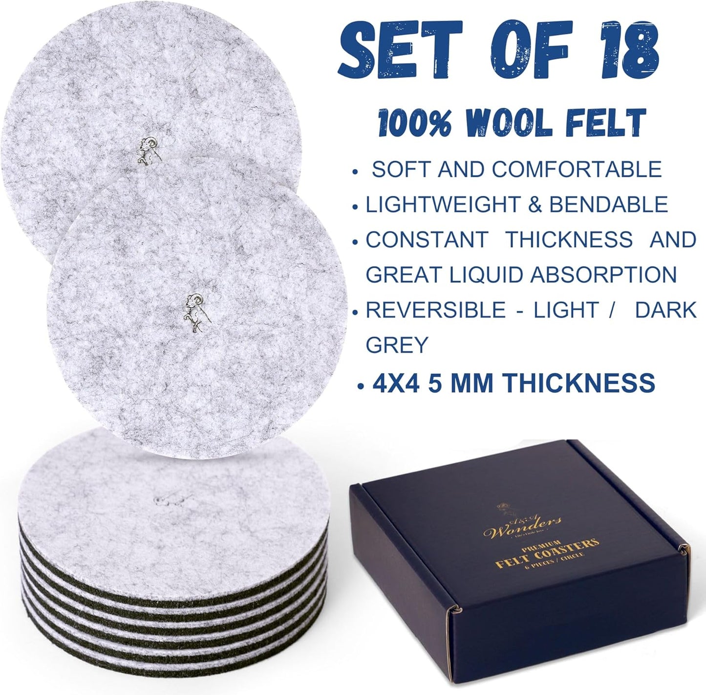 A&A Wonders Premium Felt Coasters for Drink, Two-Tone Reversible, Absorbent Felt Protects Furniture, Table, Anti Slip, Suitable for Drinks & All Table Types (Light Gray/Dark Gray, Circle 18 Pack)