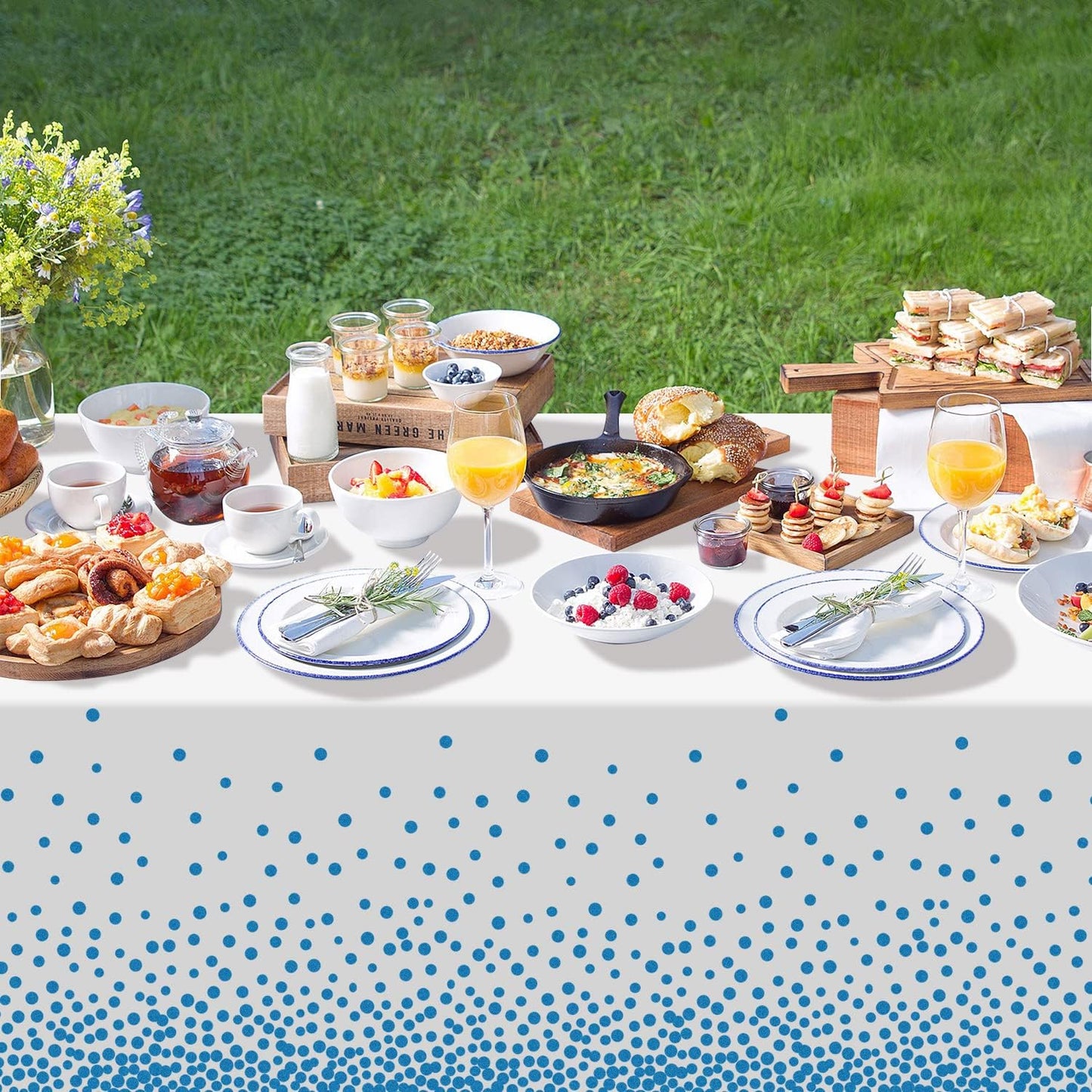 QIKSION 12 Pack White and Blue Dot Plastic Tablecloth, Waterproof Disposable Party Table Cloths for Baby Shower, Wedding, Anniversary, Birthday Party(54 × 108 Inch)