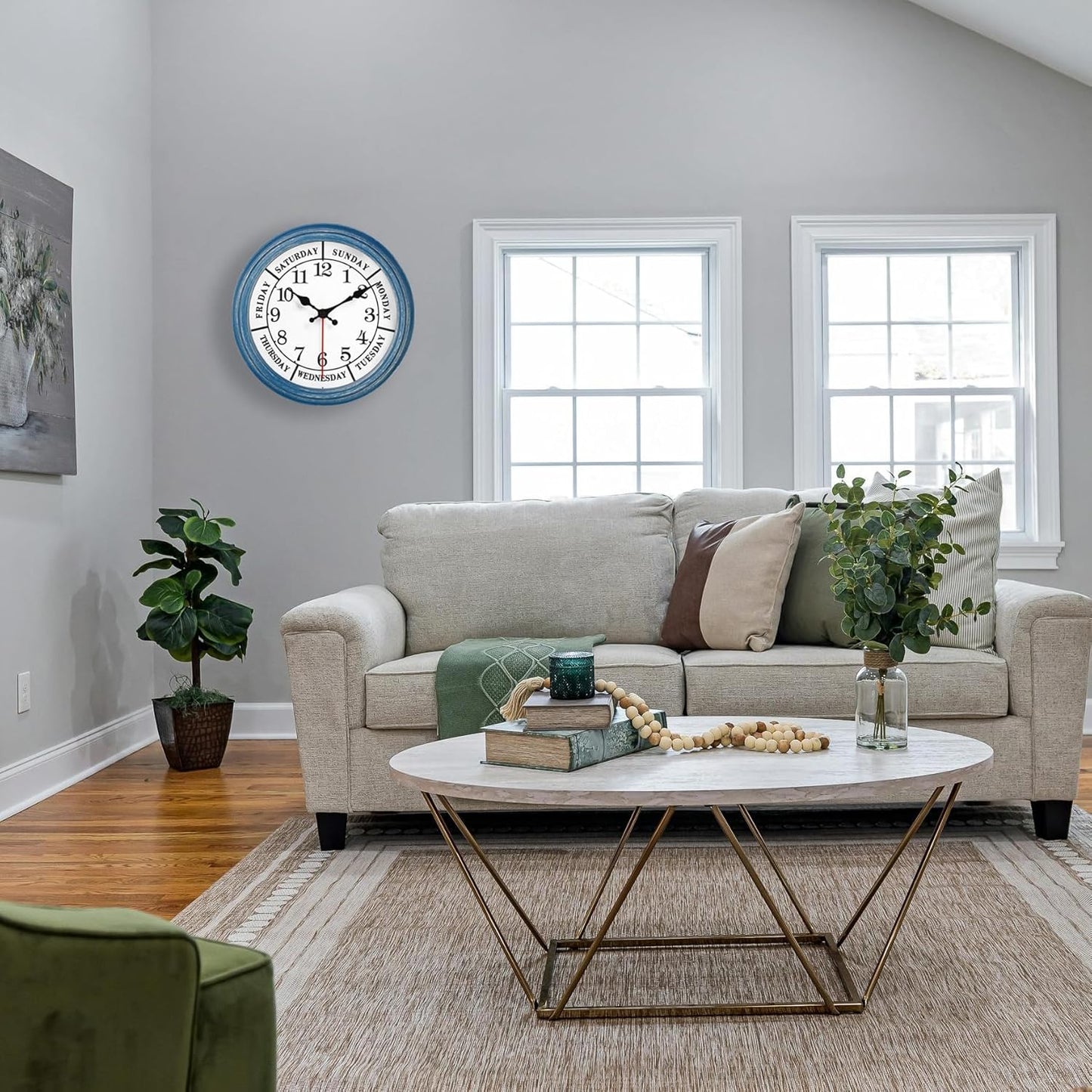 JENLYSTIME 12 Inch Retro Wall Clock,Classic Day of The Week Wall Clock,Silent Non Ticking Battery Operated Movement(Blue)